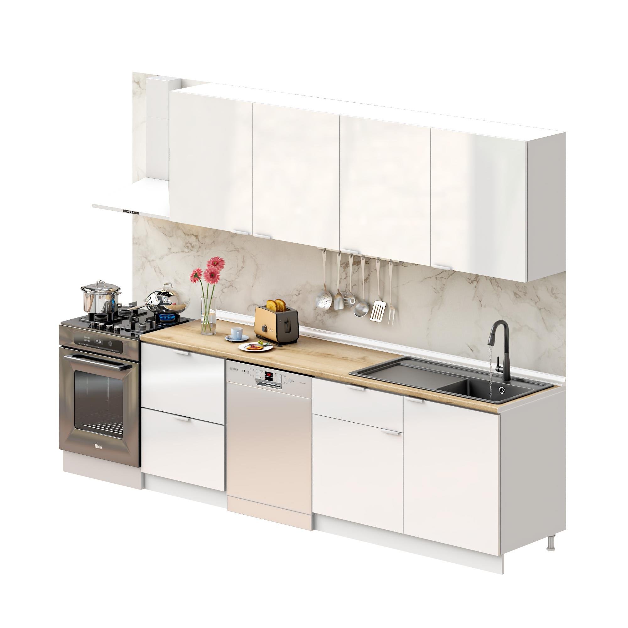 Dekorex Elsa Serisi 240 Cm Beyaz Çekmece Modüllü Meşe Tezgahlı Hazır Mutfak Ls-240dav-bc-mt