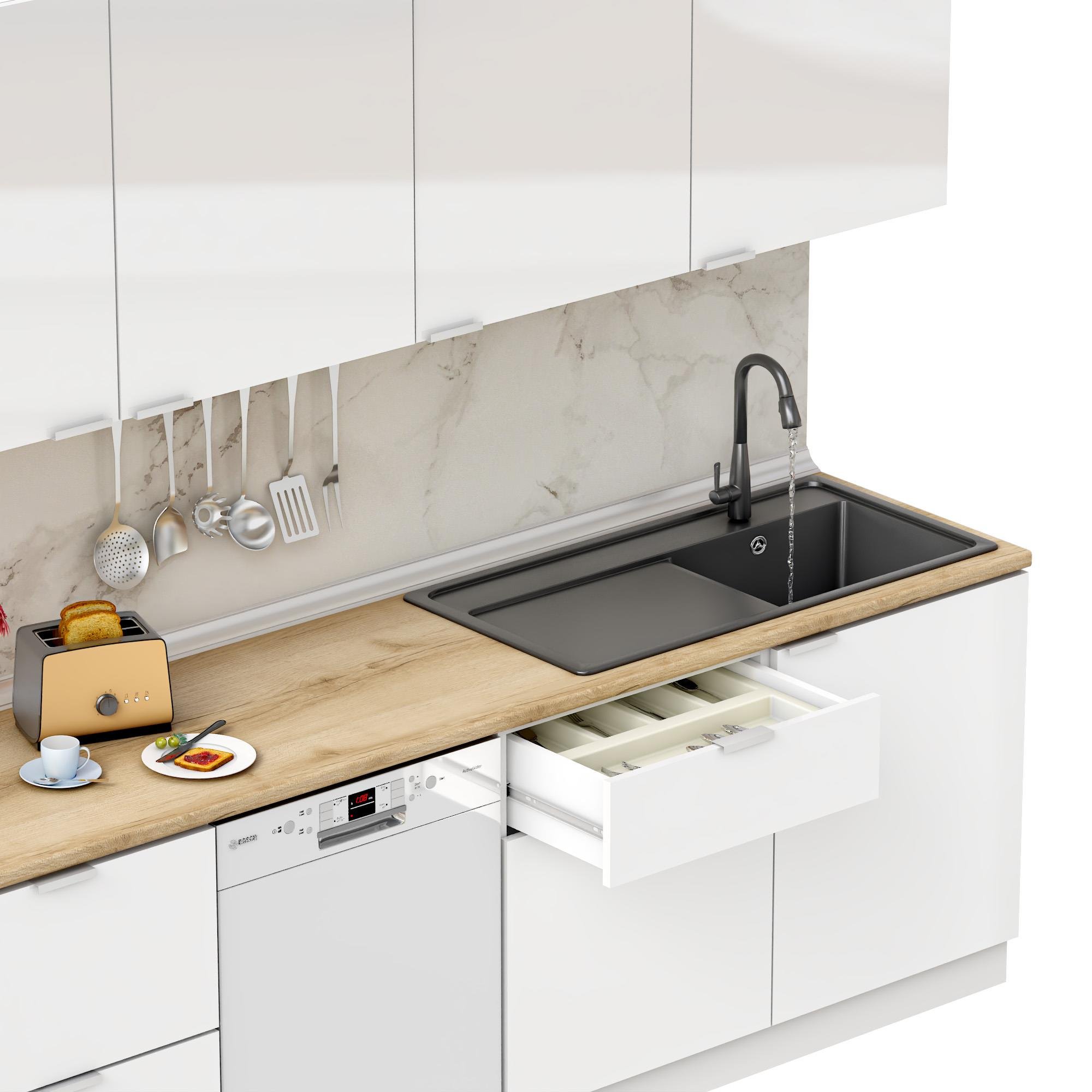 Dekorex Elsa Serisi 240 Cm Beyaz Çekmece Modüllü Meşe Tezgahlı Hazır Mutfak Ls-240dav-bc-mt