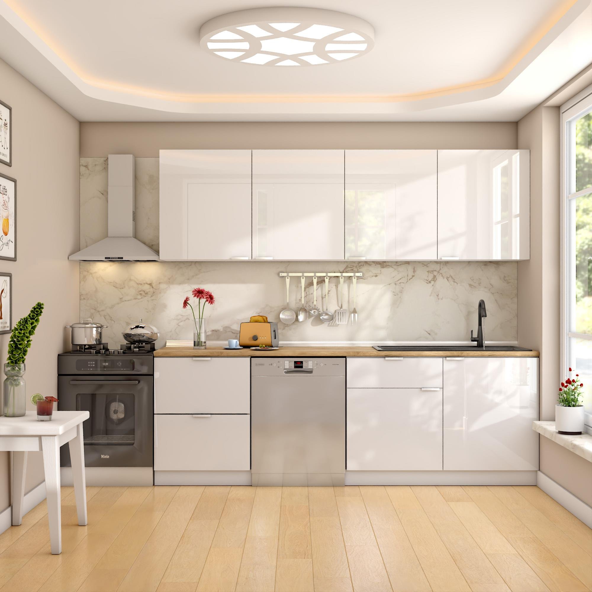 Dekorex Elsa Serisi 240 Cm Beyaz Çekmece Modüllü Meşe Tezgahlı Hazır Mutfak Ls-240dav-bc-mt