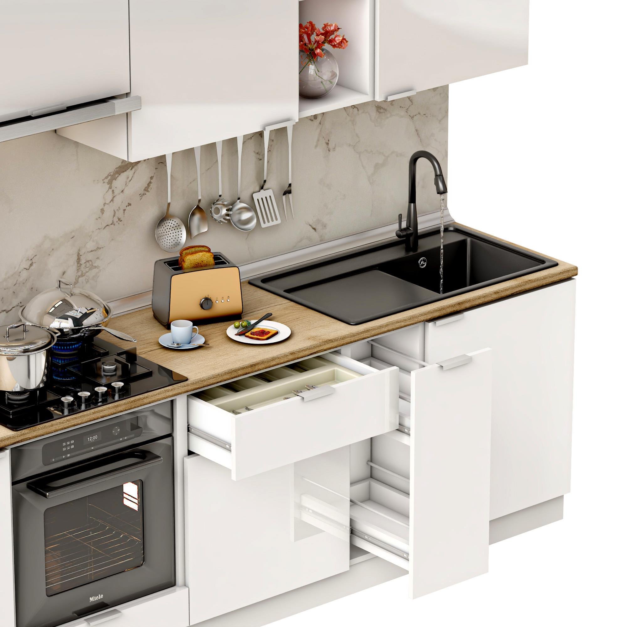 Dekorex Elsa Serisi 270 Cm Beyaz Aspiratör Ve Fırın Modüllü Meşe Tezgahlı Hazır Mutfak Ls-270asp-mt