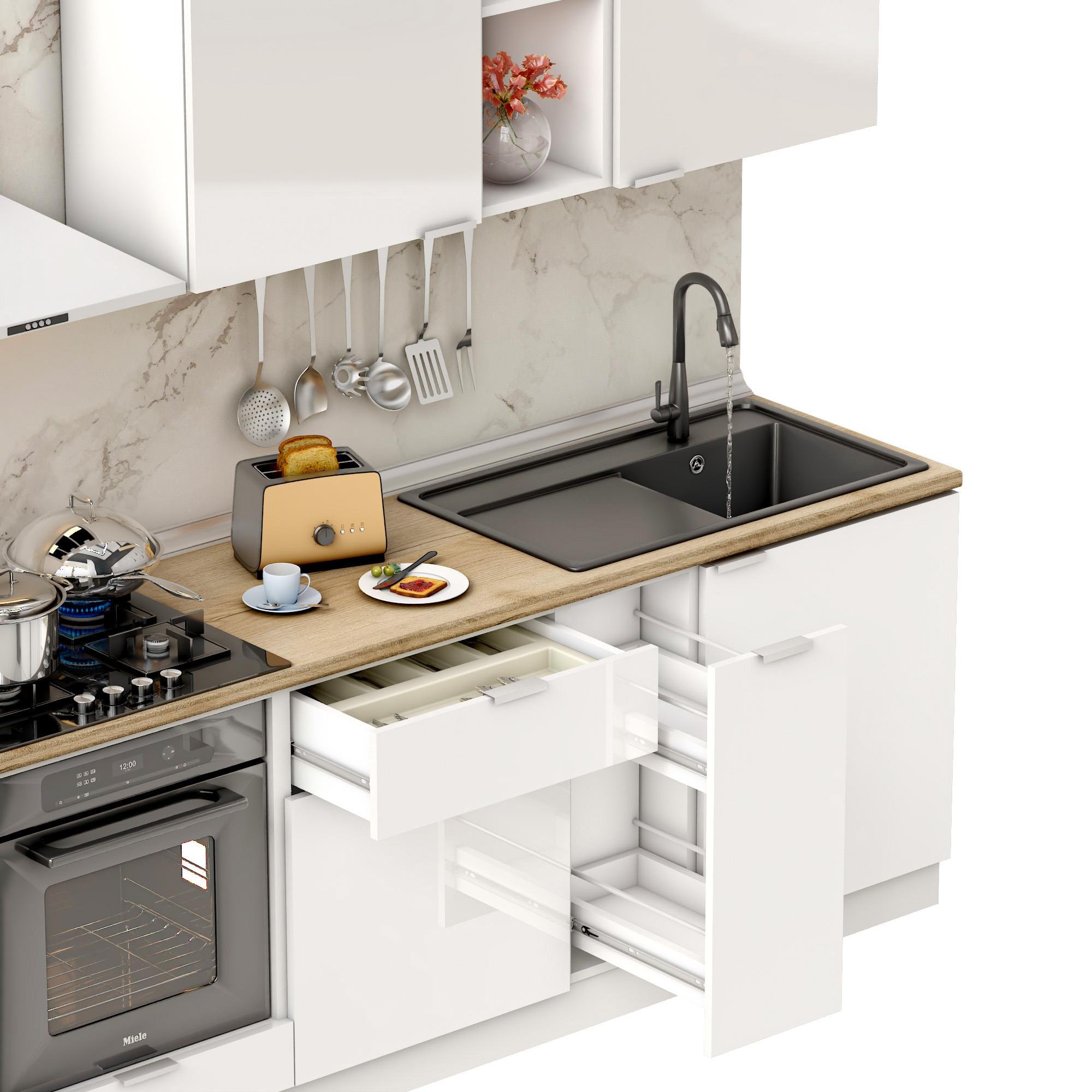 Dekorex Elsa Serisi 270 Cm Beyaz Fırın Modüllü Meşe Tezgahlı Hazır Mutfak Ls-270dav-mt