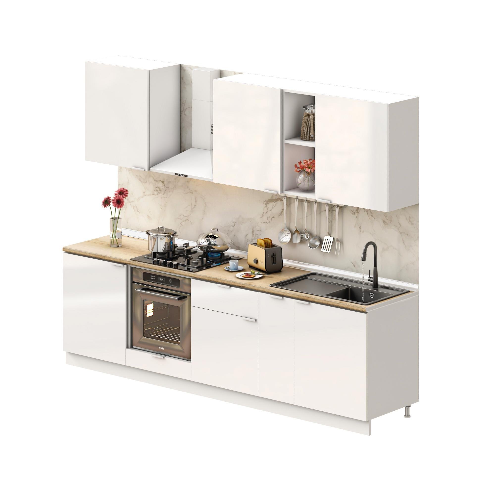 Dekorex Elsa Serisi 270 Cm Beyaz Fırın Modüllü Meşe Tezgahlı Hazır Mutfak Ls-270dav-mt