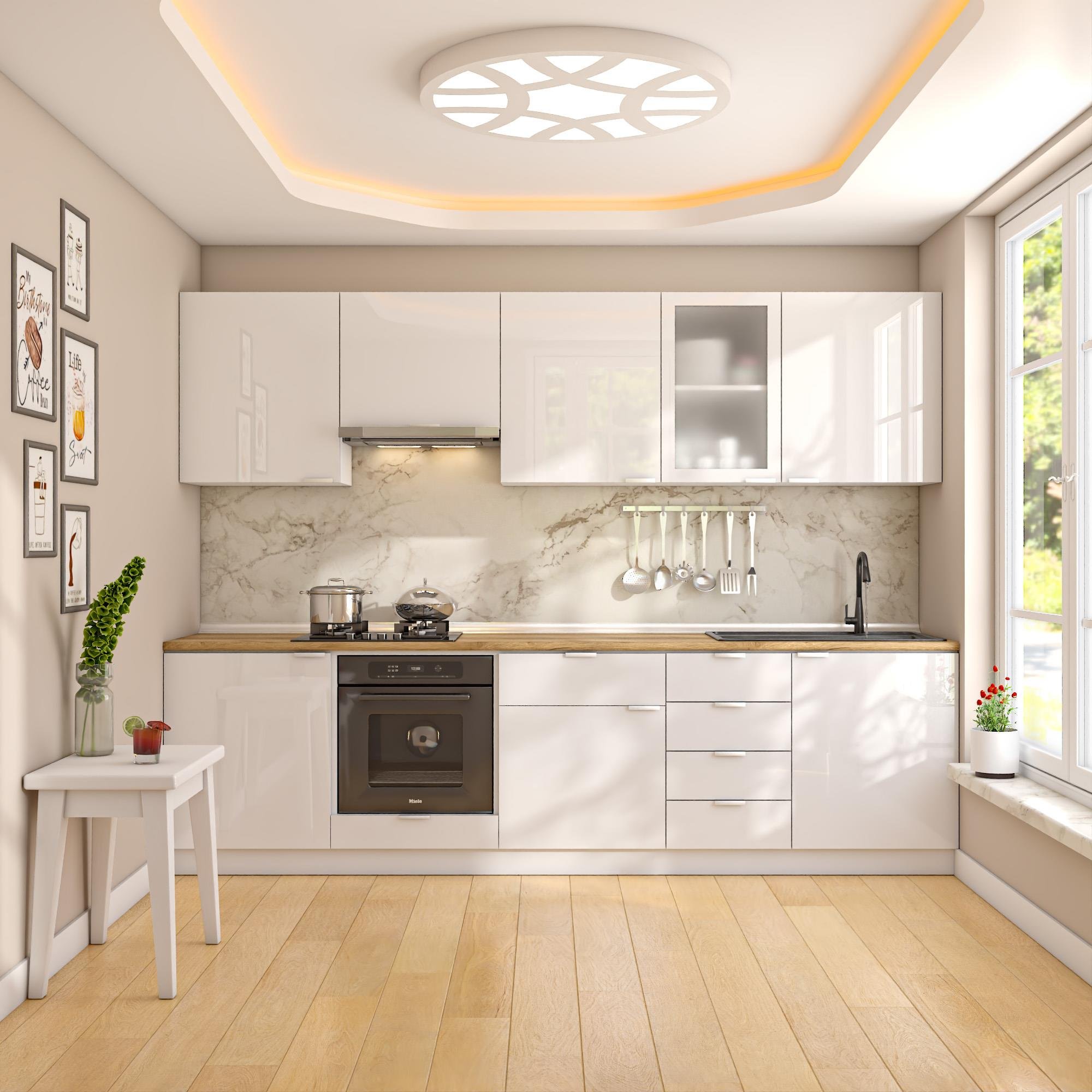 Dekorex Elsa Serisi 285 Cm Beyaz Aspiratör Ve Fırın Modüllü Meşe Tezgahlı Hazır Mutfak Ls-285asp-mt