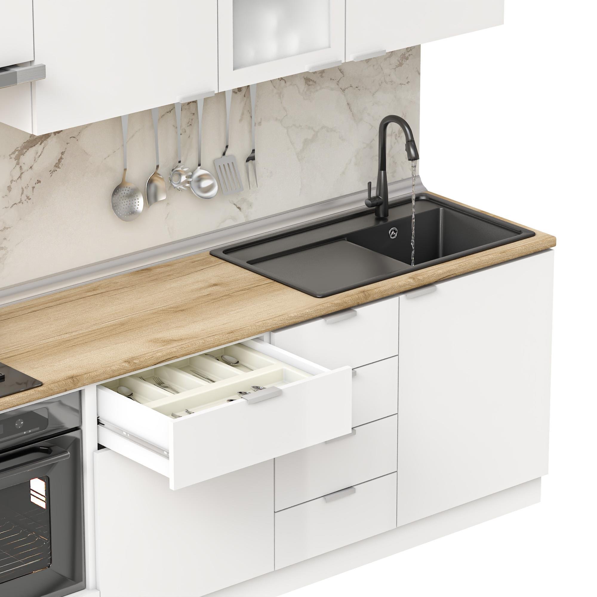 Dekorex Elsa Serisi 285 Cm Beyaz Aspiratör Ve Fırın Modüllü Meşe Tezgahlı Hazır Mutfak Ls-285asp-mt