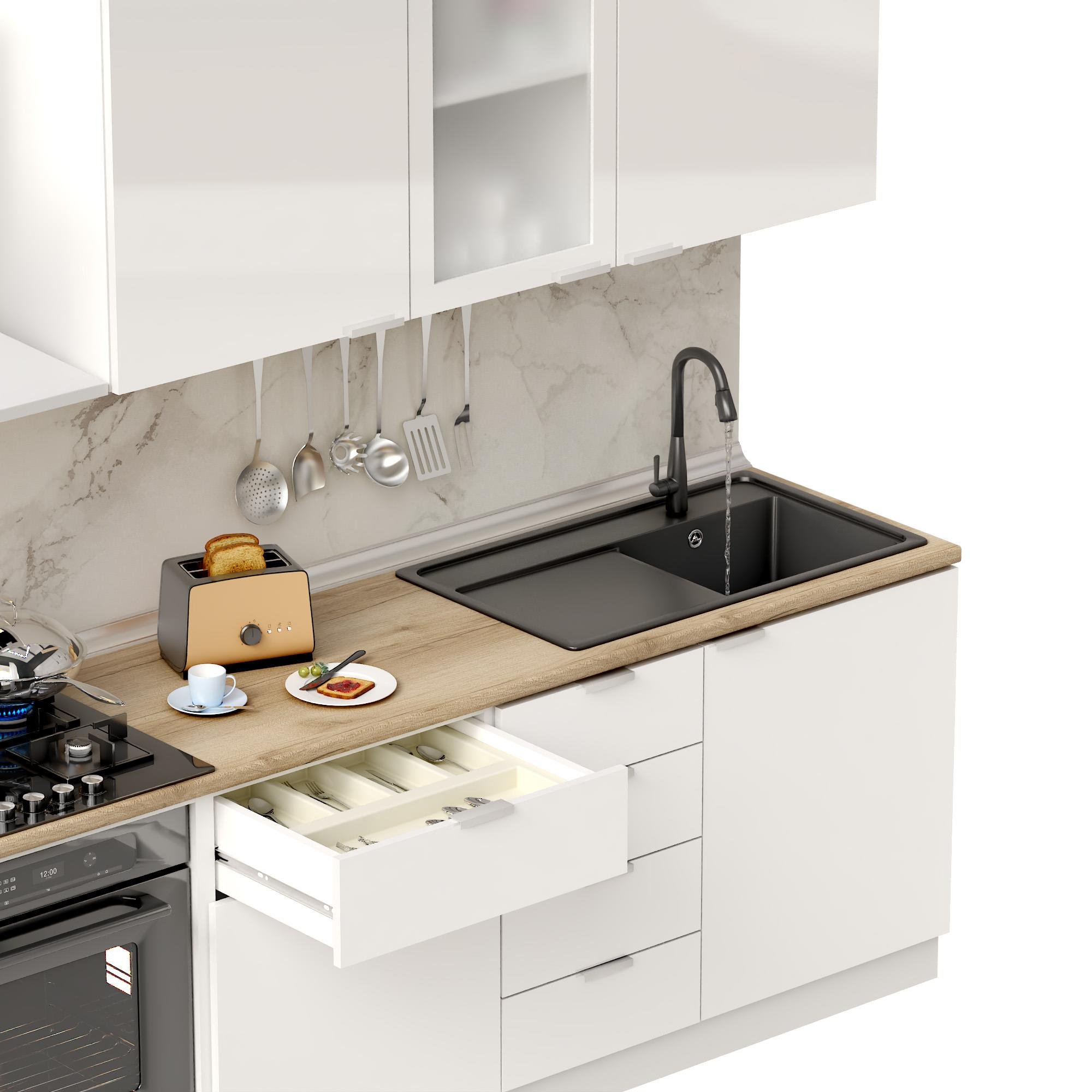Dekorex Elsa Serisi 285 Cm Beyaz Fırın Modüllü Meşe Tezgahlı Hazır Mutfak Ls-285dav-mt