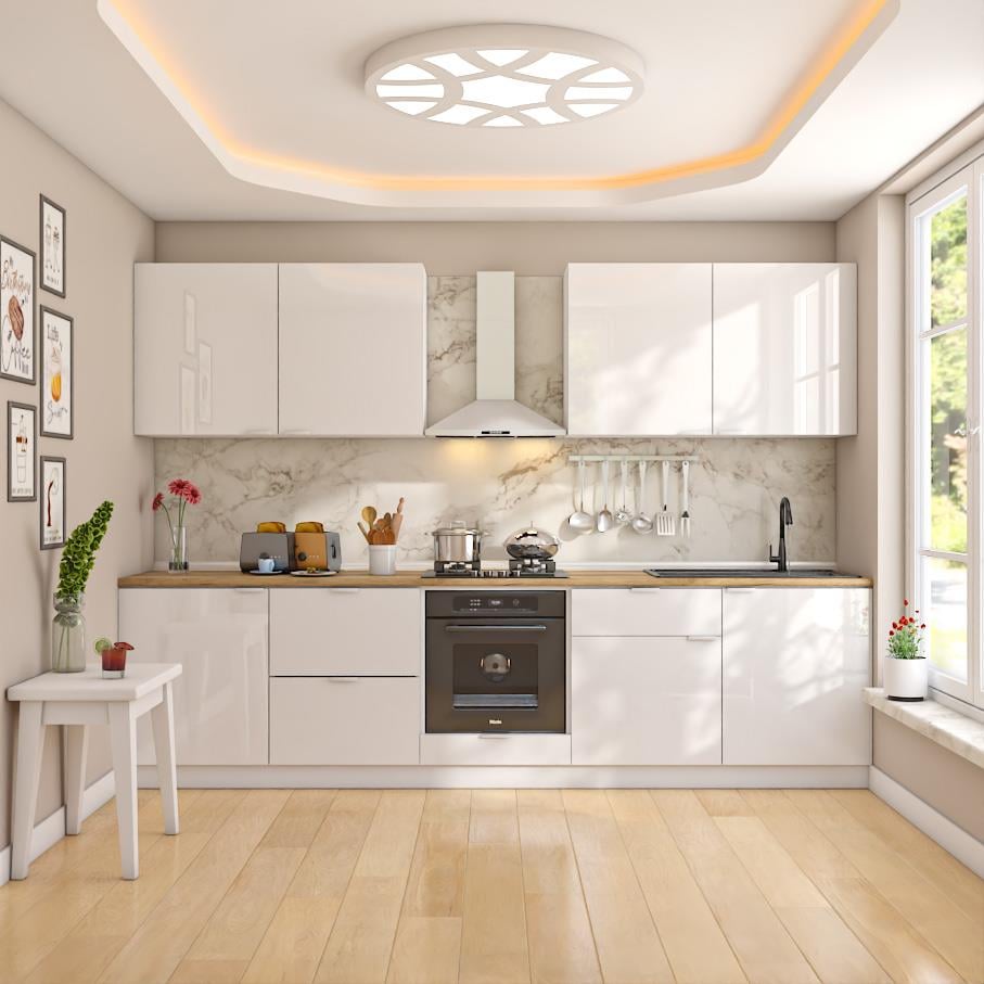 Dekorex Elsa Serisi 300 Cm Beyaz Fırın Ve Çekmece Modüllü Meşe Tezgahlı Hazır Mutfak Ls-300dav-c-mt