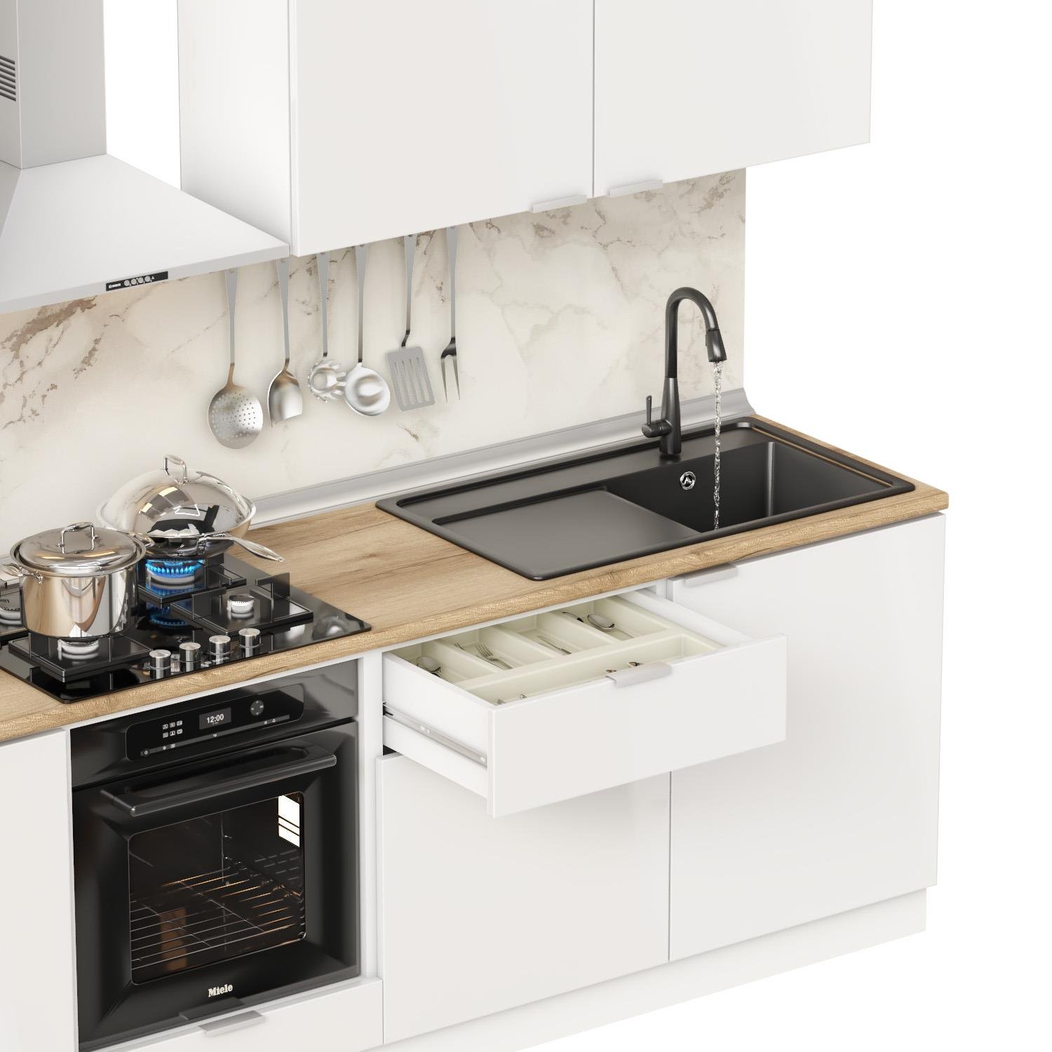 Dekorex Elsa Serisi 300 Cm Beyaz Fırın Ve Çekmece Modüllü Meşe Tezgahlı Hazır Mutfak Ls-300dav-c-mt