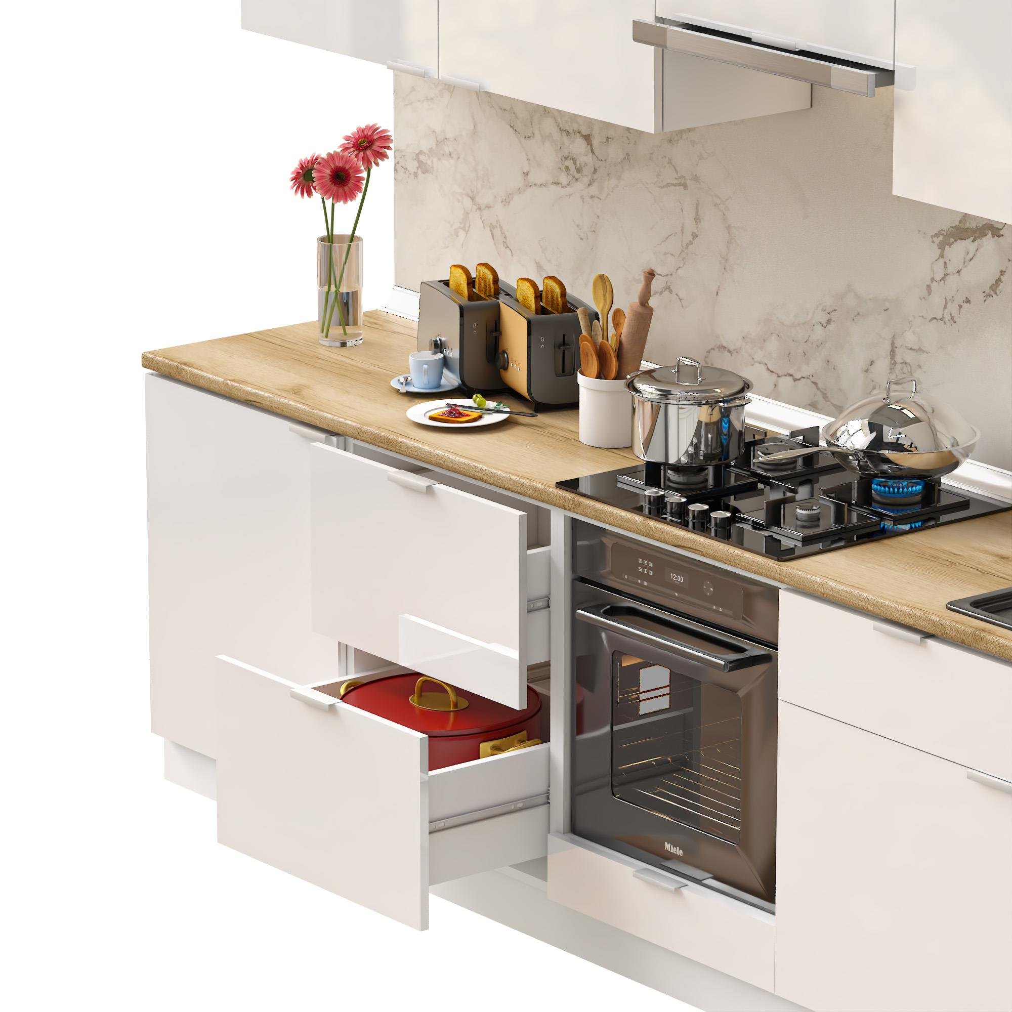 Dekorex Elsa Serisi 300 Cm Beyaz Fırın Ve Çekmece Modüllü Meşe Tezgahlı Hazır Mutfak Ls-300dav-c-mt