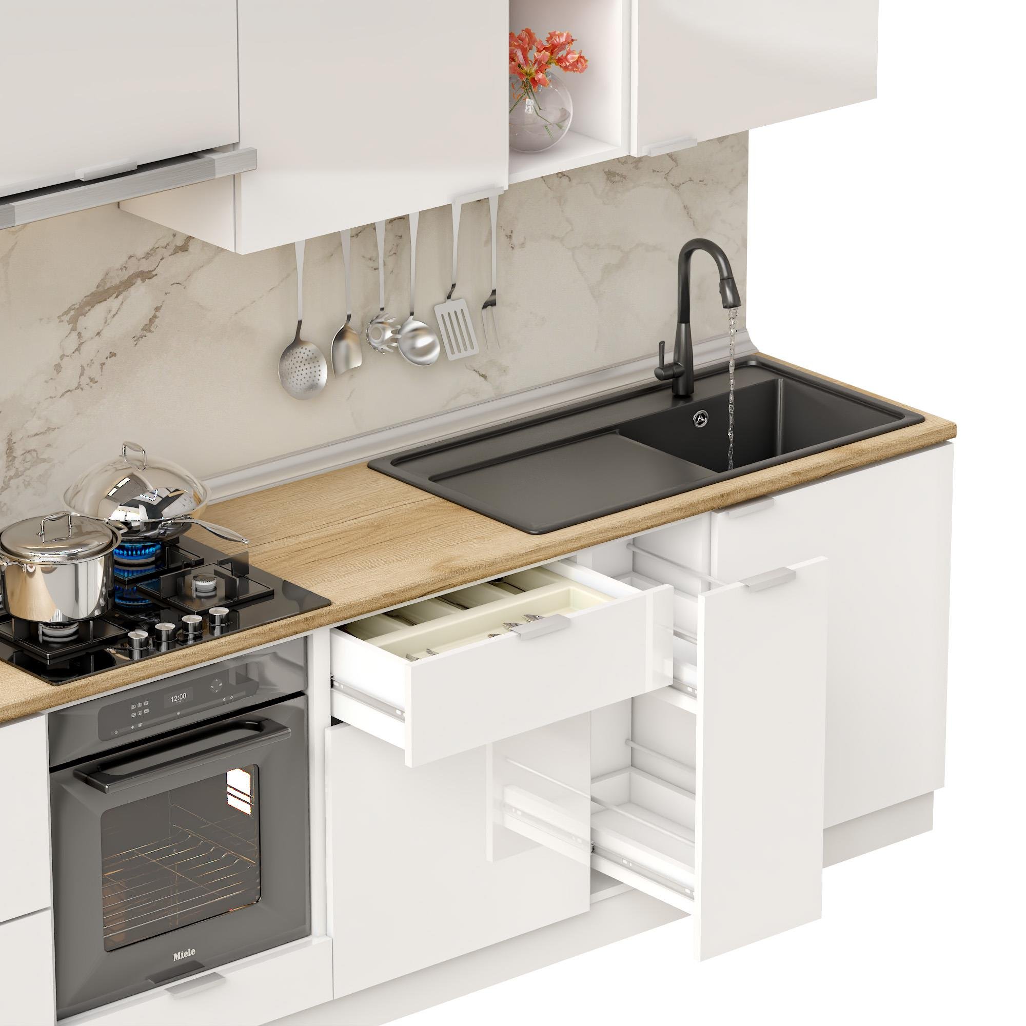 Dekorex Elsa Serisi 330 Cm Beyaz Aspiratör Fırın Ve Çekmece Modüllü Meşe Tezgahlı Hazır Mutfak Ls-330asp-c-mt