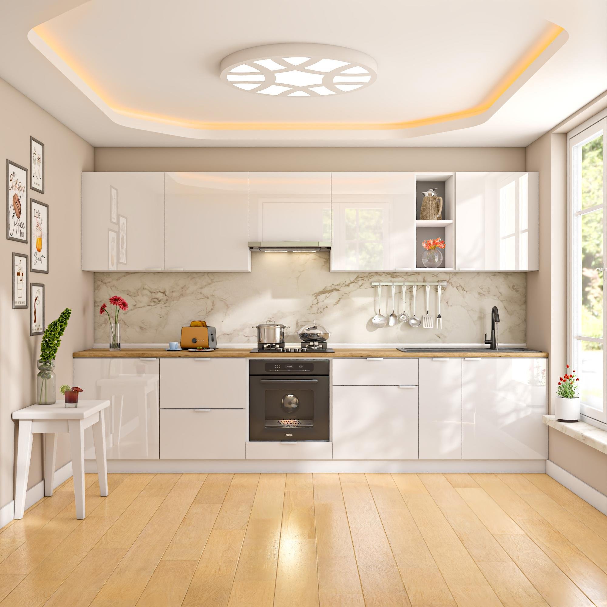 Dekorex Elsa Serisi 330 Cm Beyaz Aspiratör Fırın Ve Çekmece Modüllü Meşe Tezgahlı Hazır Mutfak Ls-330asp-c-mt