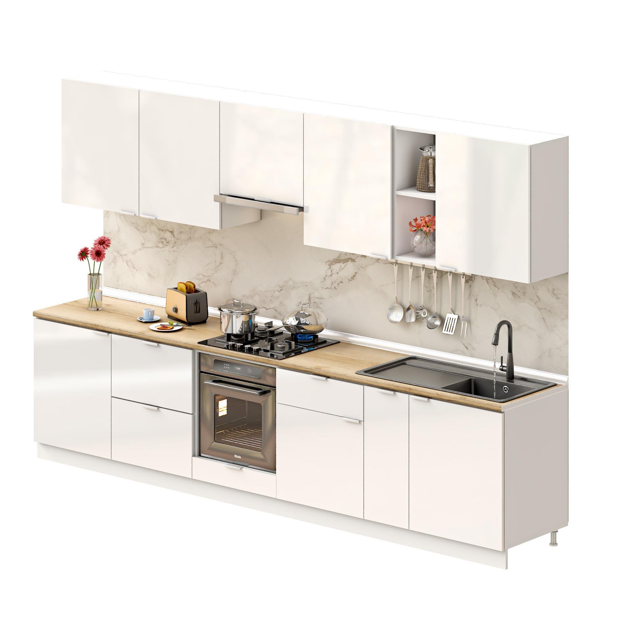 Dekorex Elsa Serisi 330 Cm Beyaz Aspiratör Fırın Ve Çekmece Modüllü Meşe Tezgahlı Hazır Mutfak Ls-330asp-c-mt