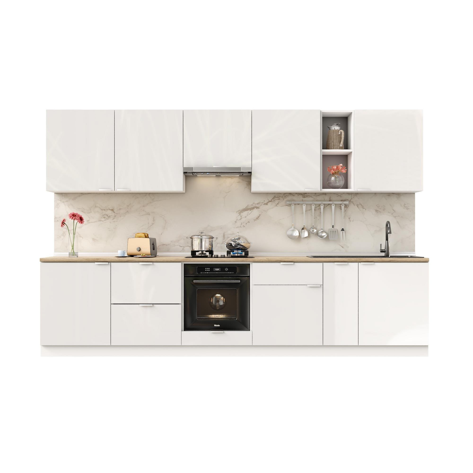 Dekorex Elsa Serisi 330 Cm Beyaz Aspiratör Fırın Ve Çekmece Modüllü Meşe Tezgahlı Hazır Mutfak Ls-330asp-c-mt