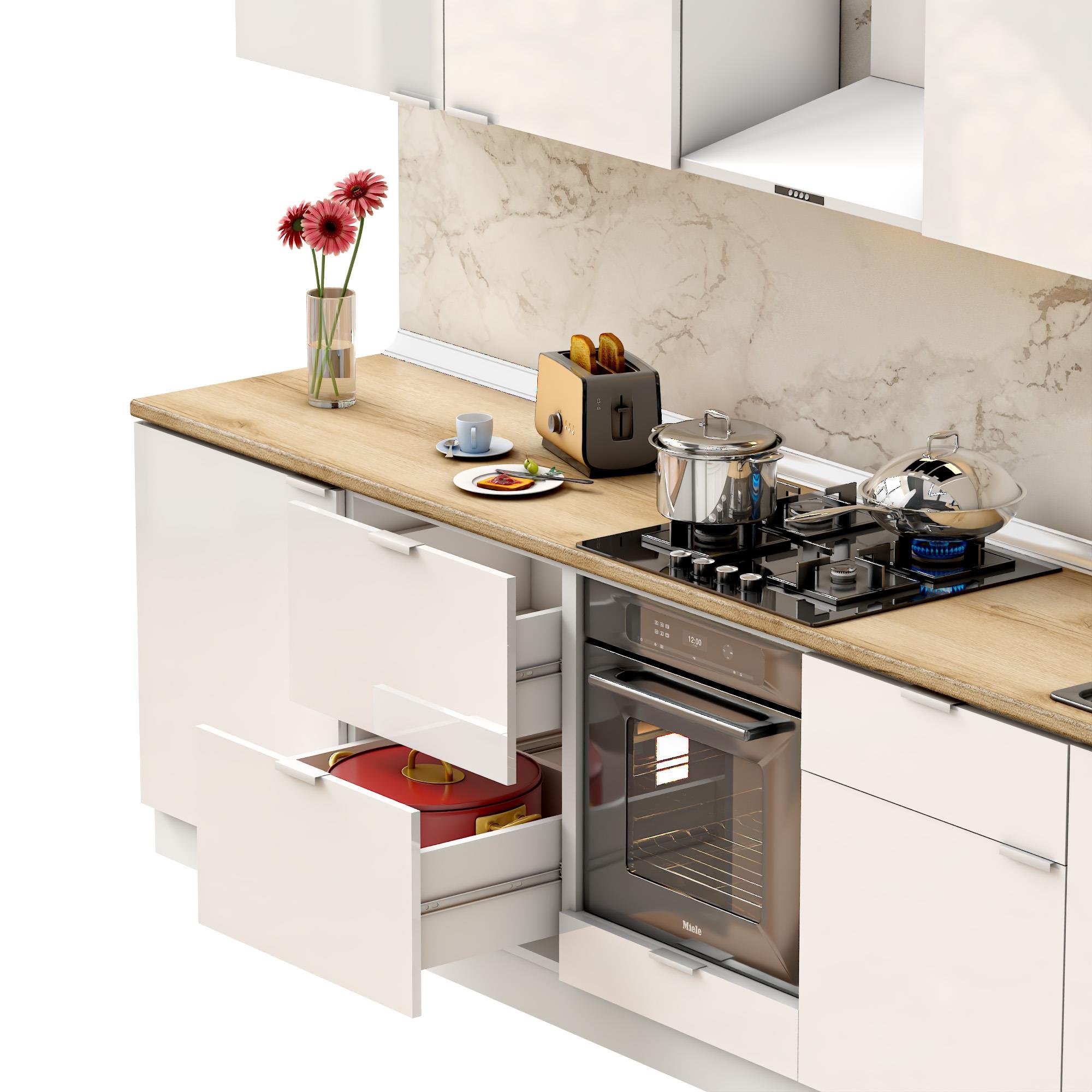 Dekorex Elsa Serisi 330 Cm Beyaz Fırın Ve Çekmece Modüllü Meşe Tezgahlı Hazır Mutfak Ls-330dav-c-mt