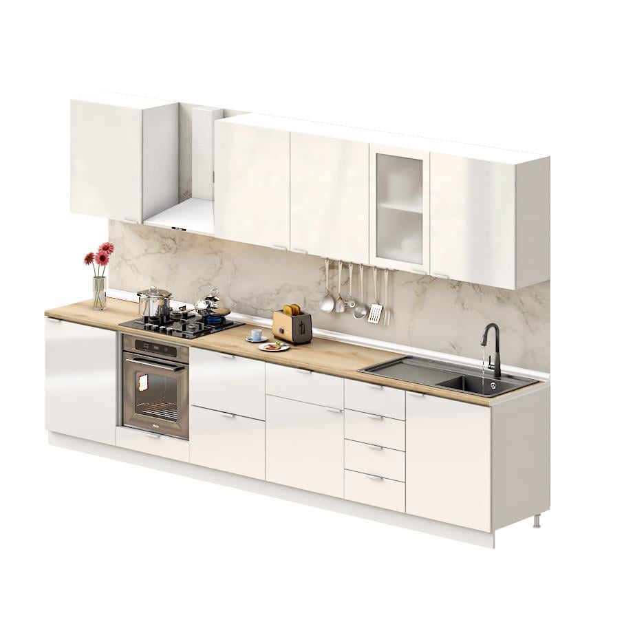 Dekorex Elsa Serisi 345 Cm Beyaz Fırın Ve Çekmece Modüllü Meşe Tezgahlı Hazır Mutfak Ls-345dav-c-mt