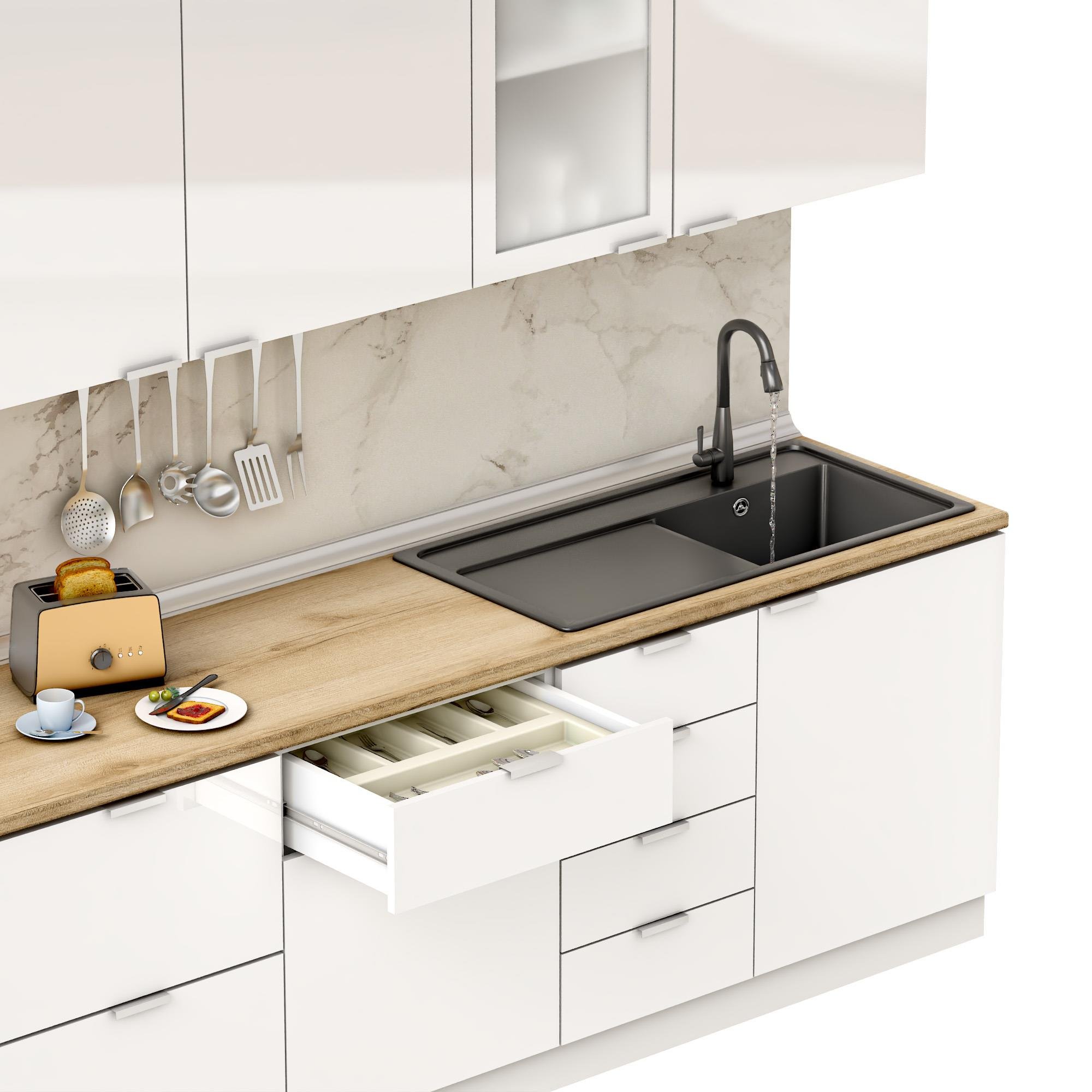 Dekorex Elsa Serisi 345 Cm Beyaz Fırın Ve Çekmece Modüllü Meşe Tezgahlı Hazır Mutfak Ls-345dav-c-mt