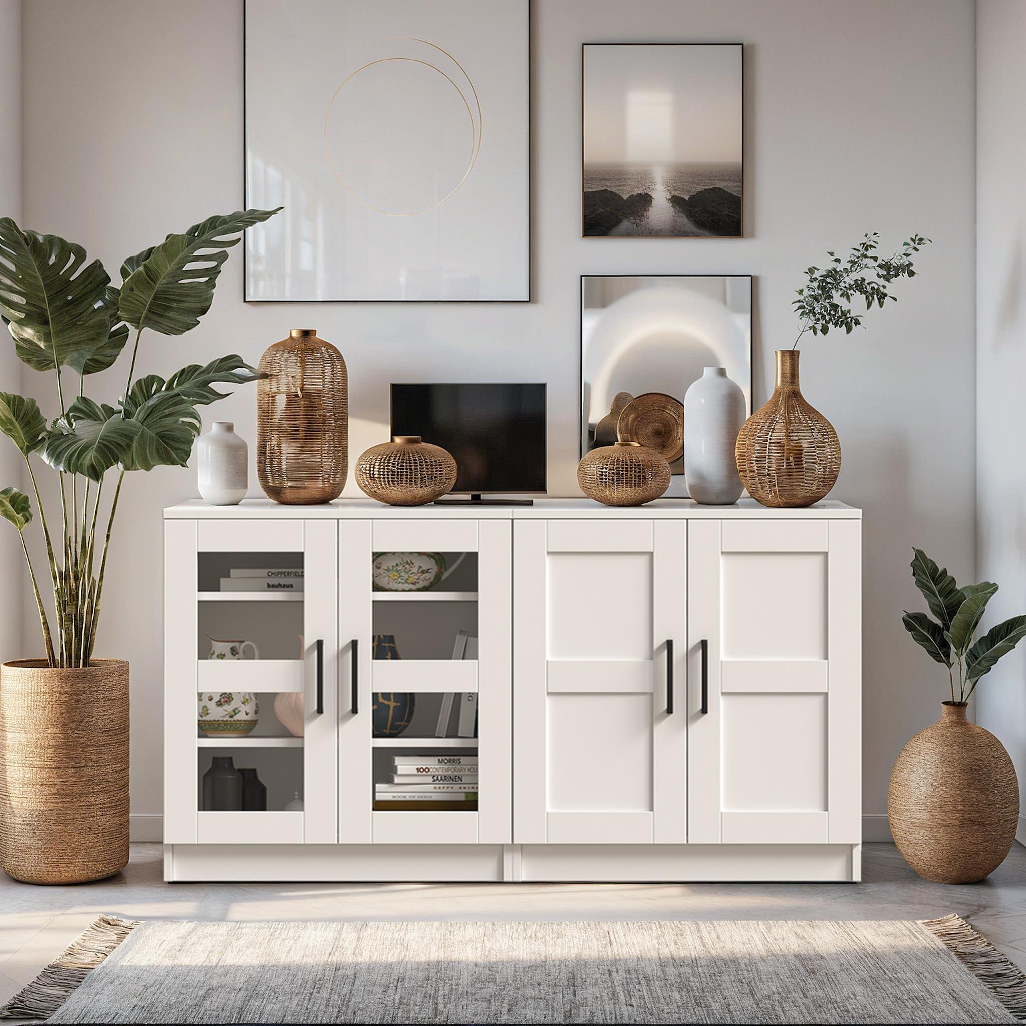 Dekorex KNS204K-Beyaz 4 Kapaklı Camlı Konsol