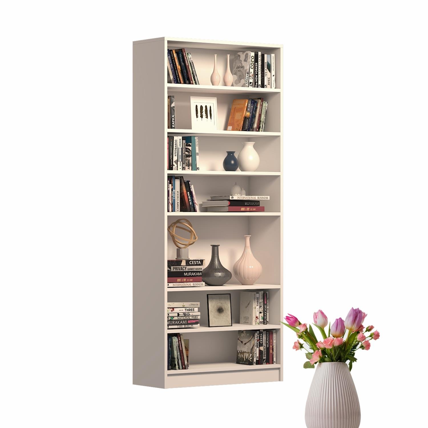 Dekorex KTP211-Beyaz 7 Raflı Yüksek Kitaplık