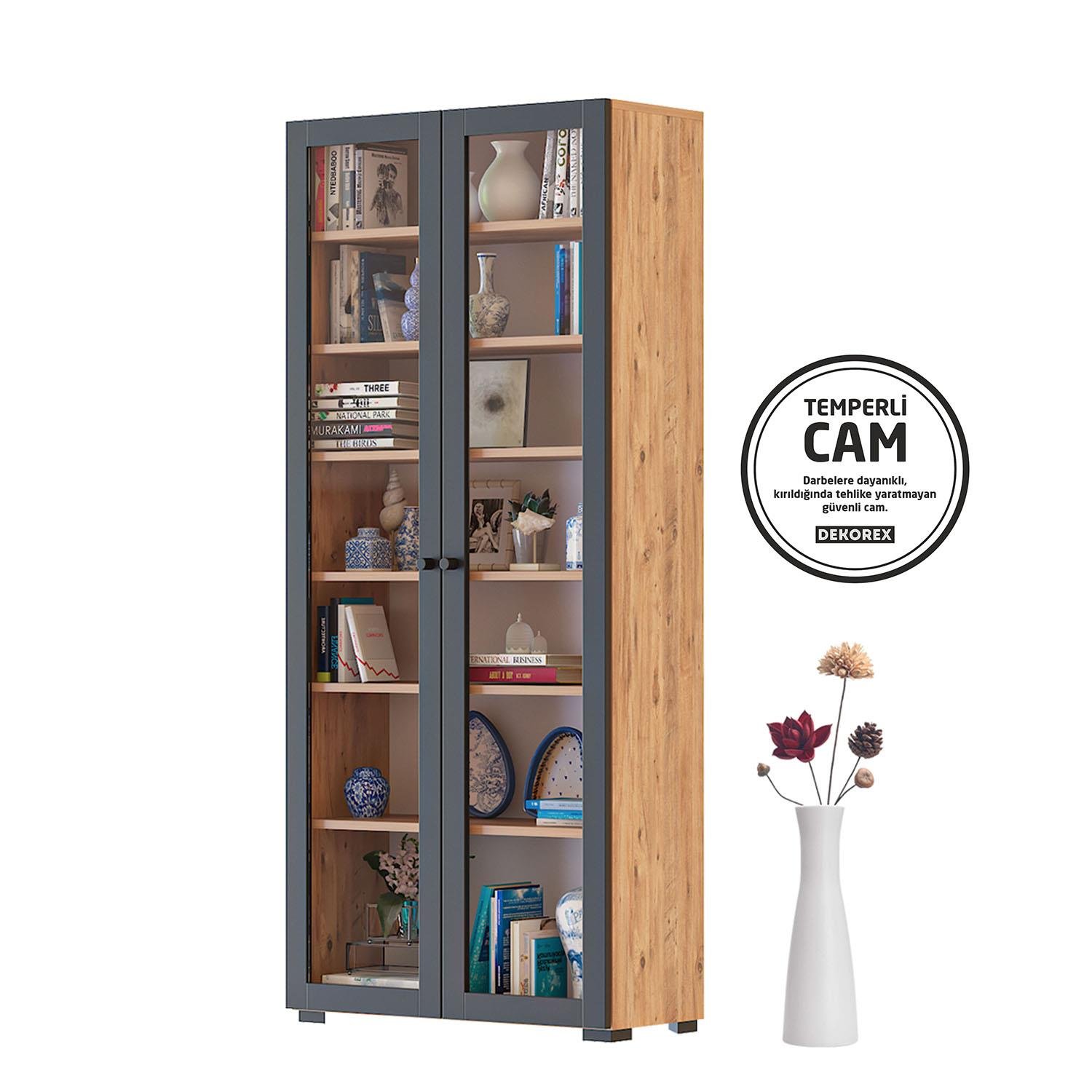 Dekorex KTP211-C-Antrasit 2 Cam Kapaklı 6 Raflı Yüksek Kitaplık
