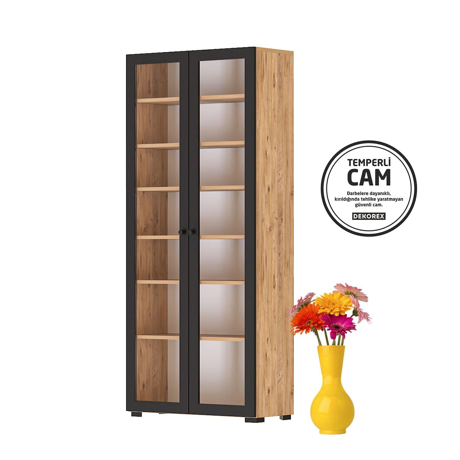 Dekorex KTP211-C-Antrasit 2 Cam Kapaklı 6 Raflı Yüksek Kitaplık