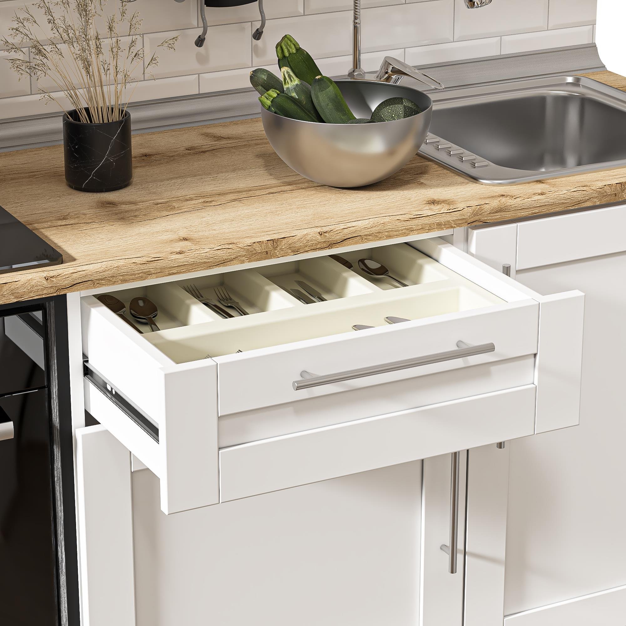DEKOREX PİA SERİSİ ASPİRATÖR MODÜLLÜ MEŞE TEZGAHLI BEYAZ HAZIR MUTFAK 300 cm PİA-B-300ASP