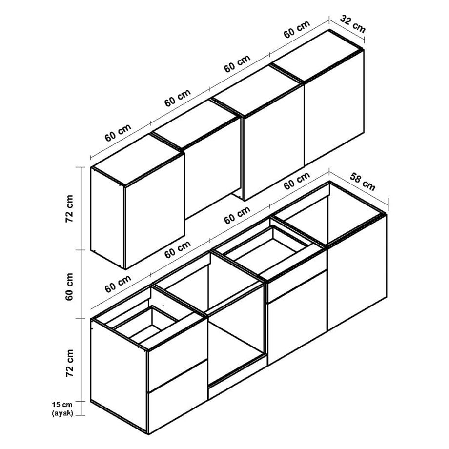 DEKOREX PİA SERİSİ ASPİRATÖR VE 2 ÇEKMECE MODÜLLÜ MEŞE TEZGAHLI GRİ HAZIR MUTFAK 240 cm PİA-G-240ASP-C