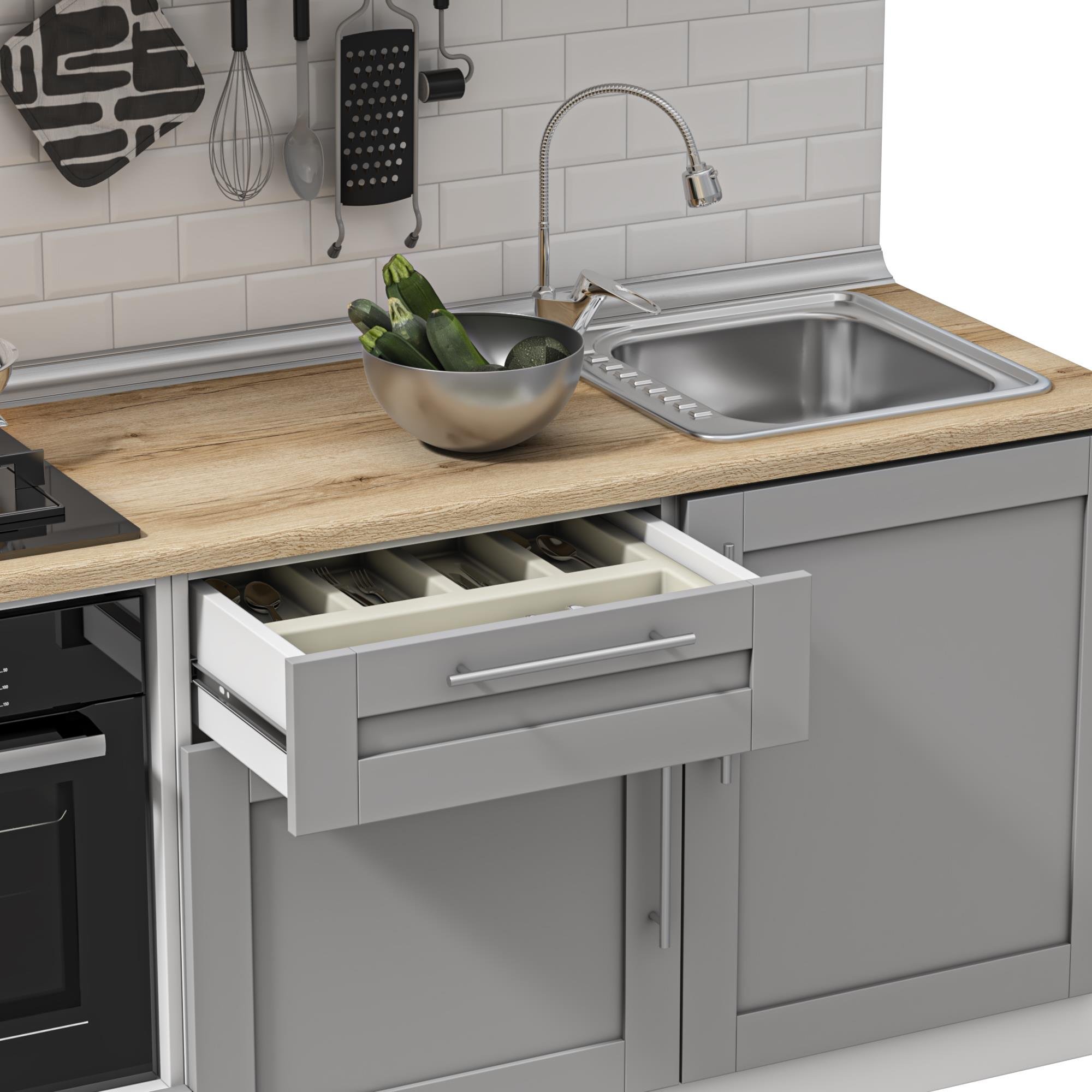 DEKOREX PİA SERİSİ ASPİRATÖR VE 2 ÇEKMECE MODÜLLÜ MEŞE TEZGAHLI GRİ HAZIR MUTFAK 240 cm PİA-G-240ASP-C