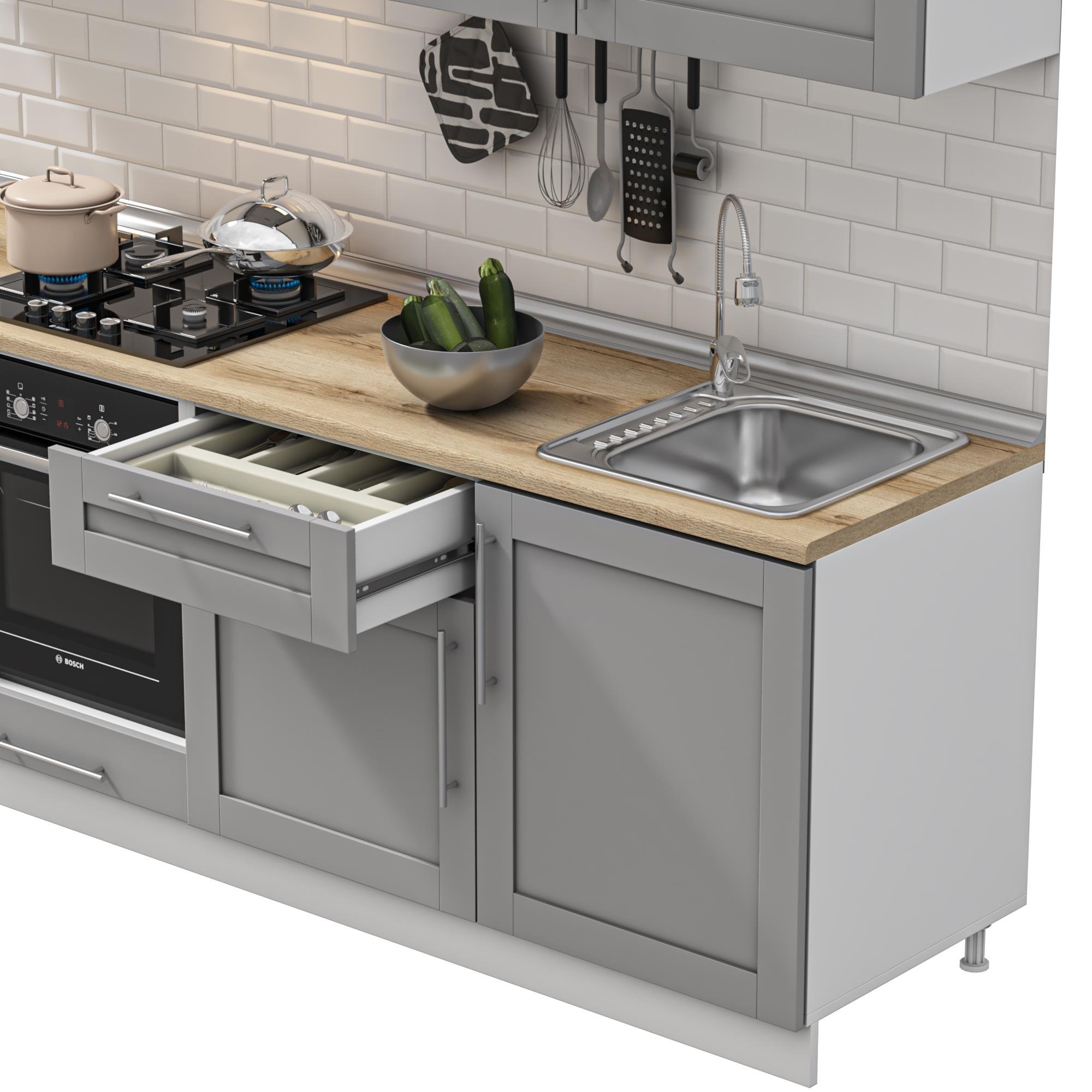 DEKOREX PİA SERİSİ ASPİRATÖR VE 2 ÇEKMECE MODÜLLÜ MEŞE TEZGAHLI GRİ HAZIR MUTFAK 240 cm PİA-G-240ASP-C