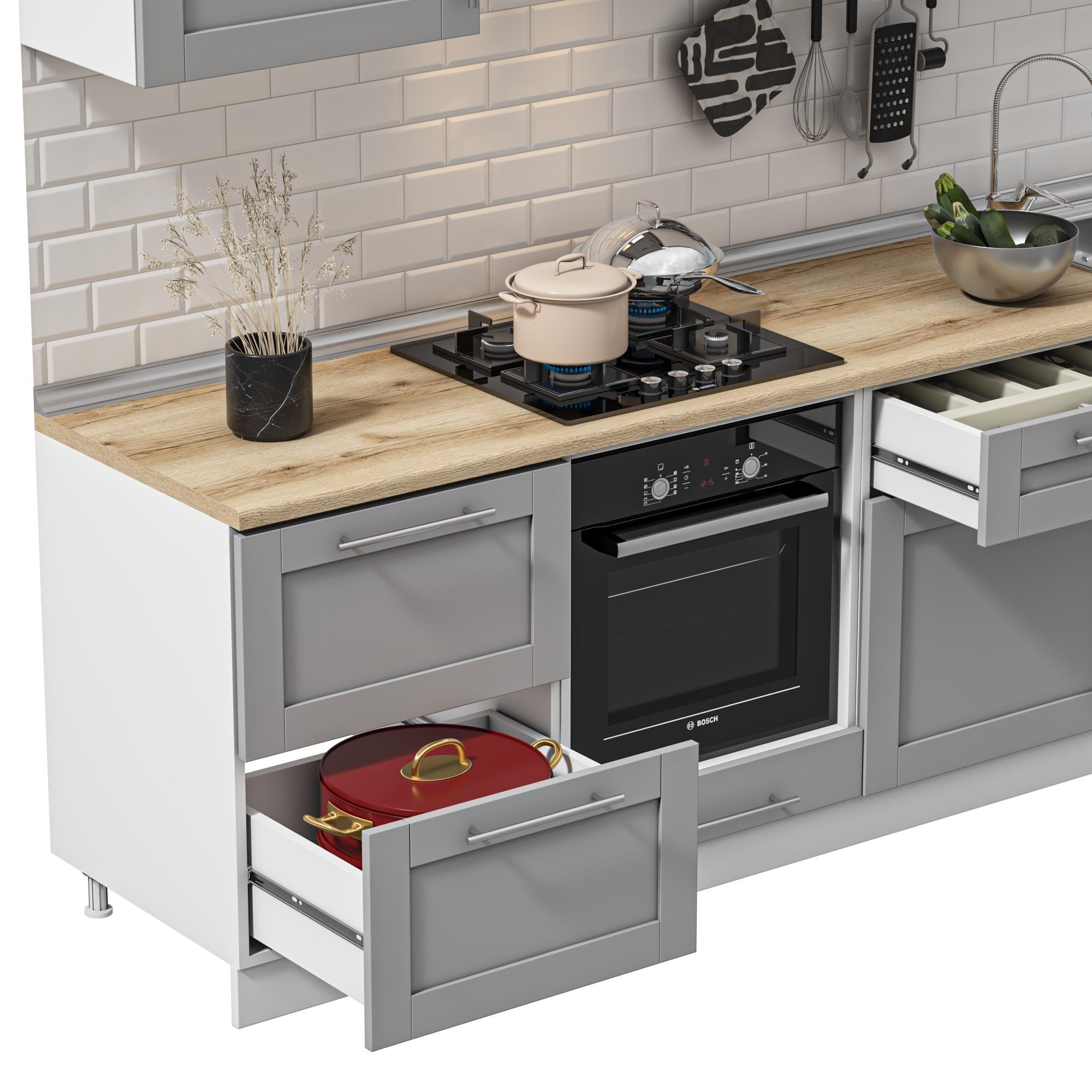 DEKOREX PİA SERİSİ ASPİRATÖR VE 2 ÇEKMECE MODÜLLÜ MEŞE TEZGAHLI GRİ HAZIR MUTFAK 240 cm PİA-G-240ASP-C