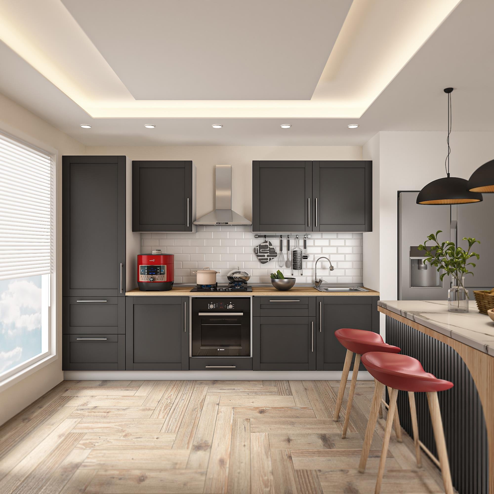 DEKOREX PİA SERİSİ DAVLUMBAZ MODÜLLÜ MEŞE TEZGAHLI ANTRASİT HAZIR MUTFAK 300 cm PİA-A-300DAV