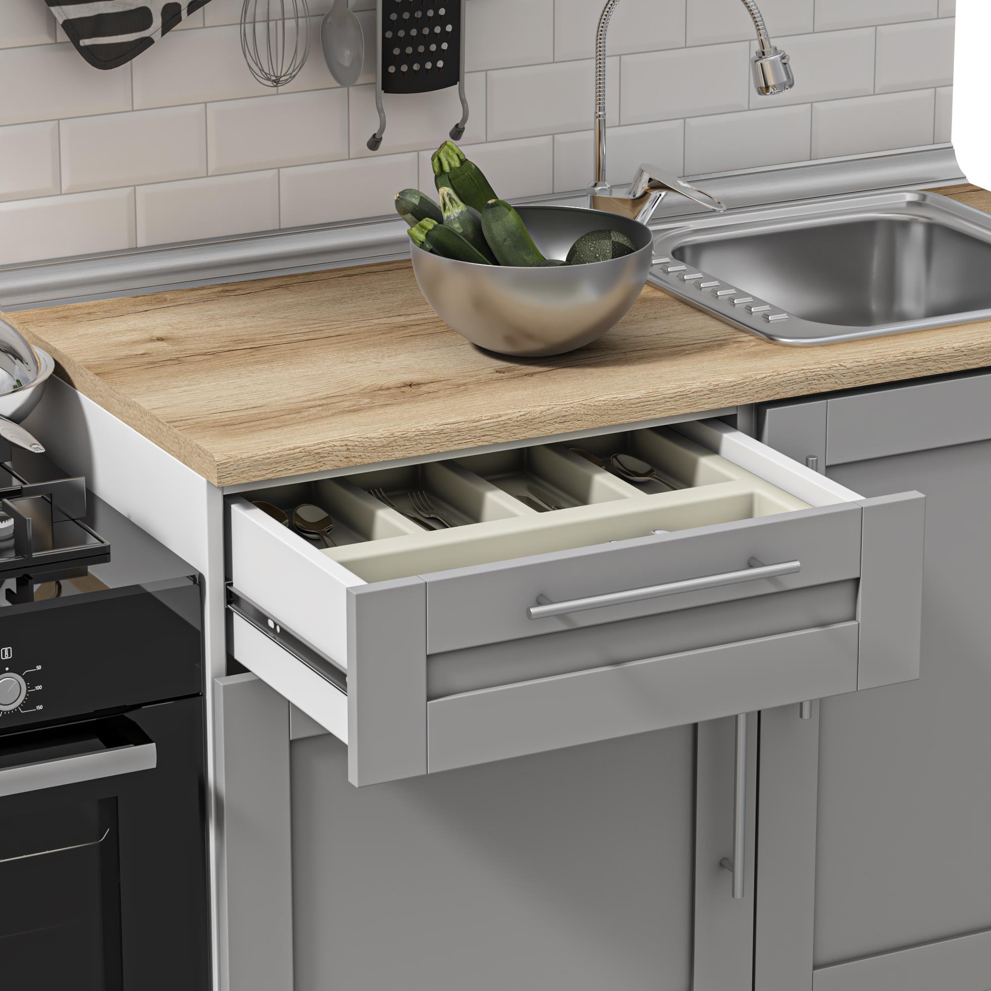 DEKOREX PİA SERİSİ DAVLUMBAZ MODÜLLÜ MEŞE TEZGAHLI GRİ HAZIR MUTFAK 120 cm PİA-G-120DAV