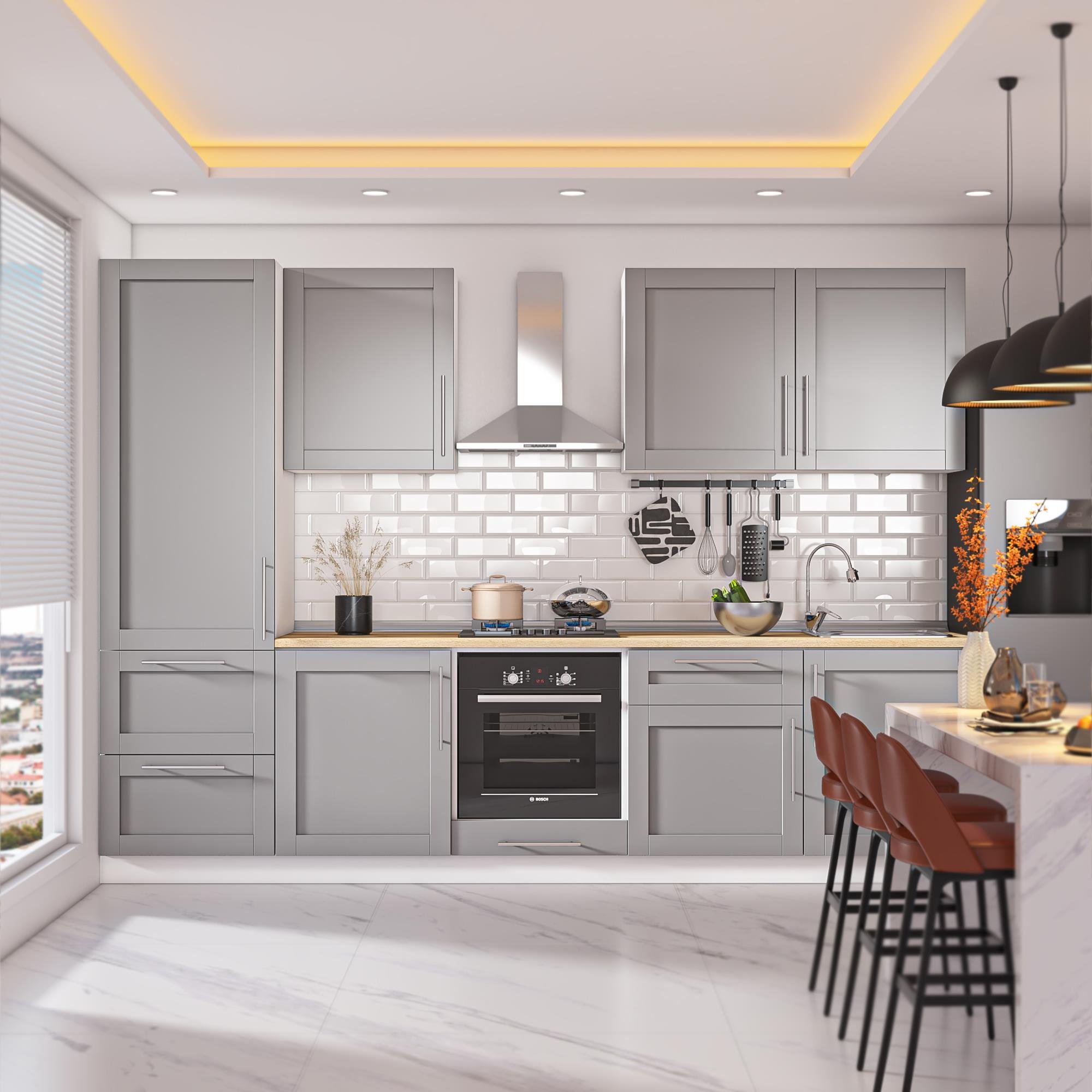 DEKOREX PİA SERİSİ DAVLUMBAZ MODÜLLÜ MEŞE TEZGAHLI GRİ HAZIR MUTFAK 300 cm PİA-G-300DAV
