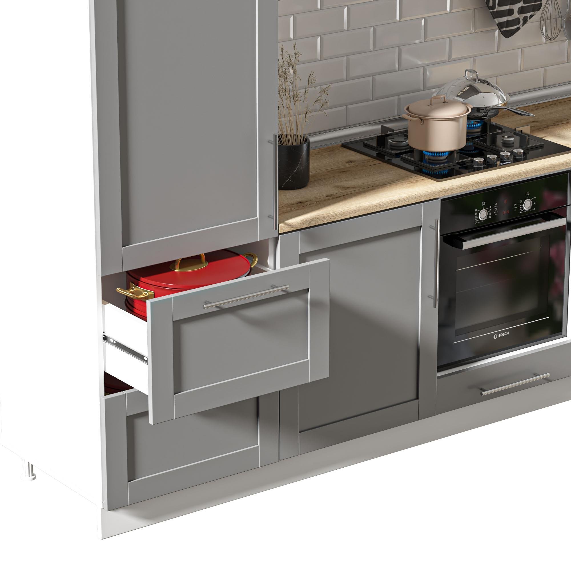 DEKOREX PİA SERİSİ DAVLUMBAZ MODÜLLÜ MEŞE TEZGAHLI GRİ HAZIR MUTFAK 300 cm PİA-G-300DAV