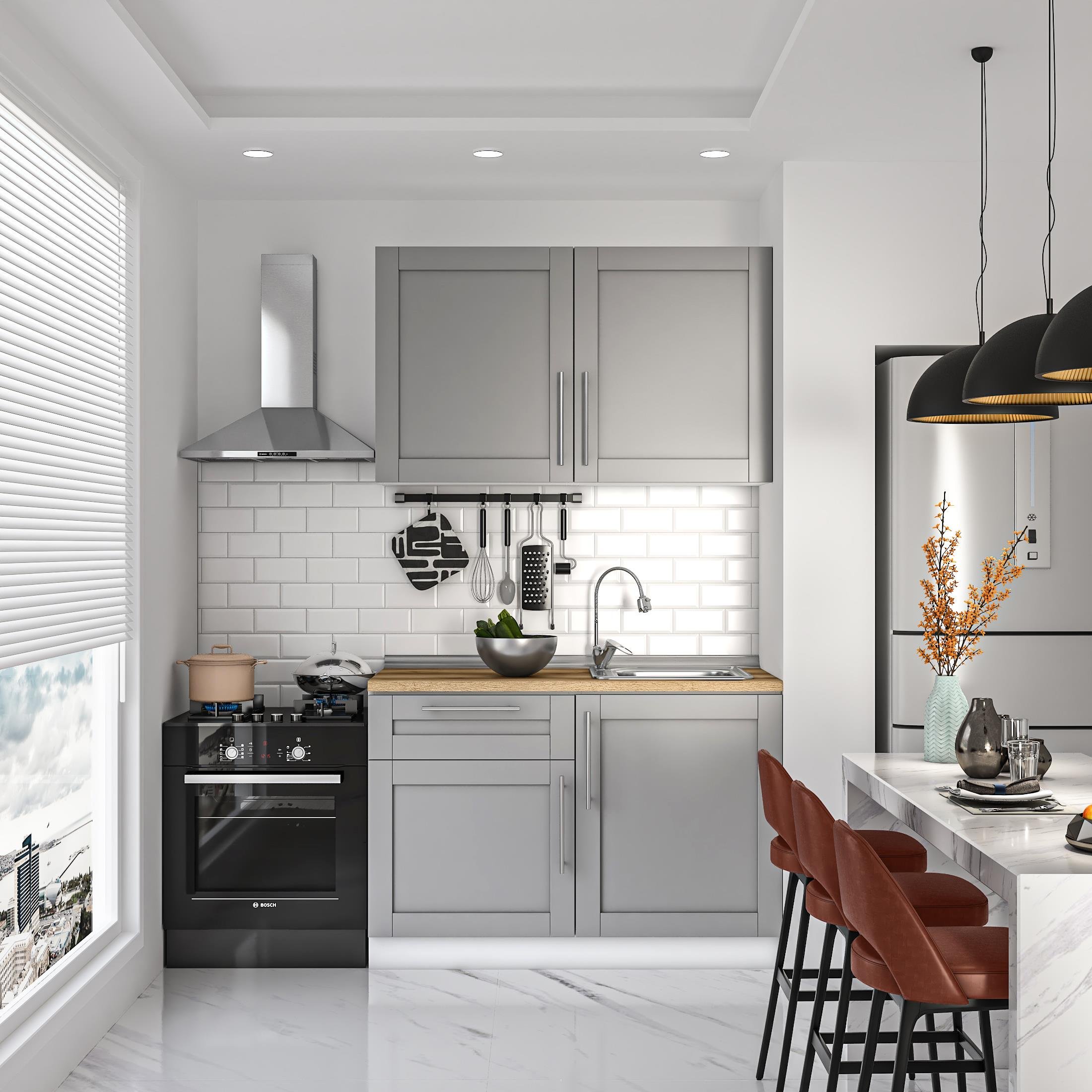 DEKOREX PİA SERİSİ DAVLUMBAZ MODÜLLÜ MEŞE TEZGAHLI GRİ HAZIR MUTFAK 120 cm PİA-G-120DAV