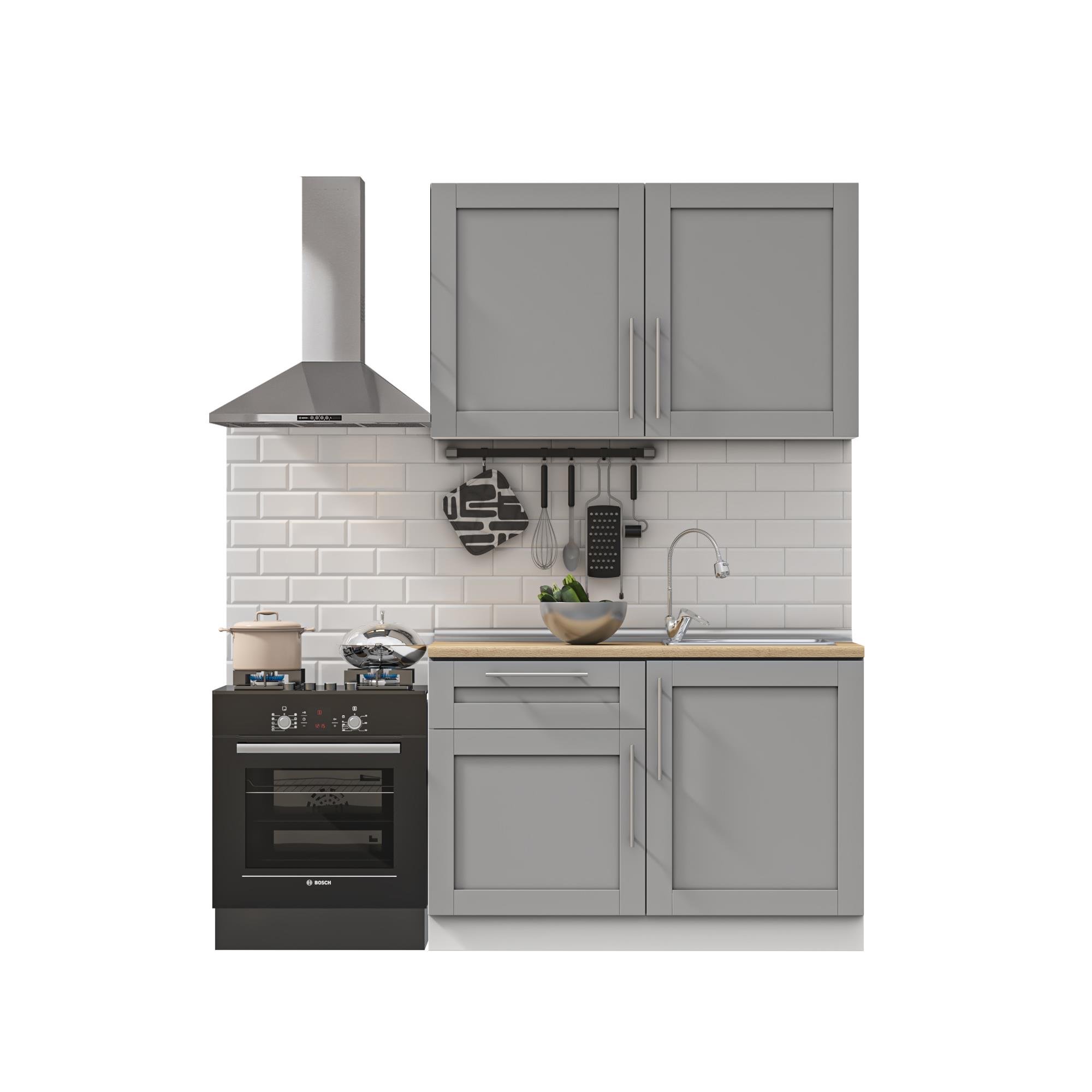 DEKOREX PİA SERİSİ DAVLUMBAZ MODÜLLÜ MEŞE TEZGAHLI GRİ HAZIR MUTFAK 120 cm PİA-G-120DAV