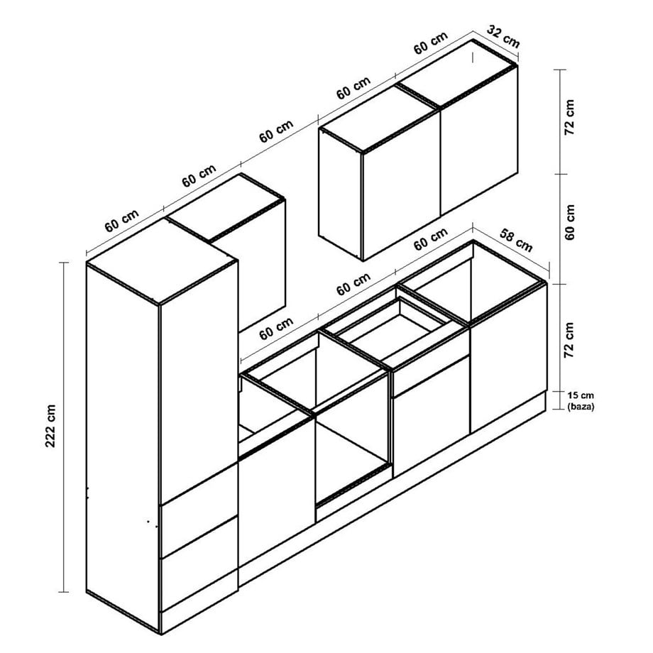 DEKOREX PİA SERİSİ DAVLUMBAZ MODÜLLÜ MEŞE TEZGAHLI GRİ HAZIR MUTFAK 300 cm PİA-G-300DAV