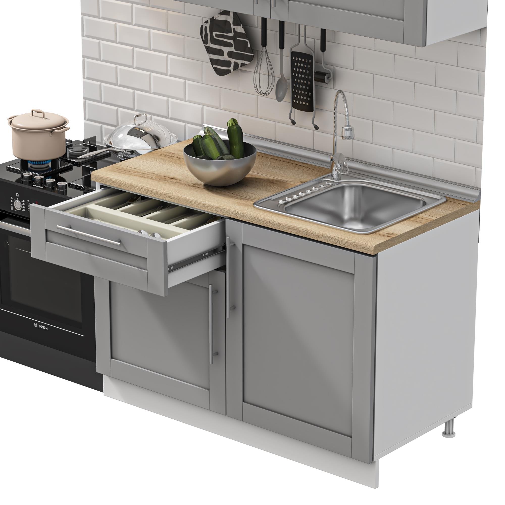 DEKOREX PİA SERİSİ DAVLUMBAZ MODÜLLÜ MEŞE TEZGAHLI GRİ HAZIR MUTFAK 120 cm PİA-G-120DAV