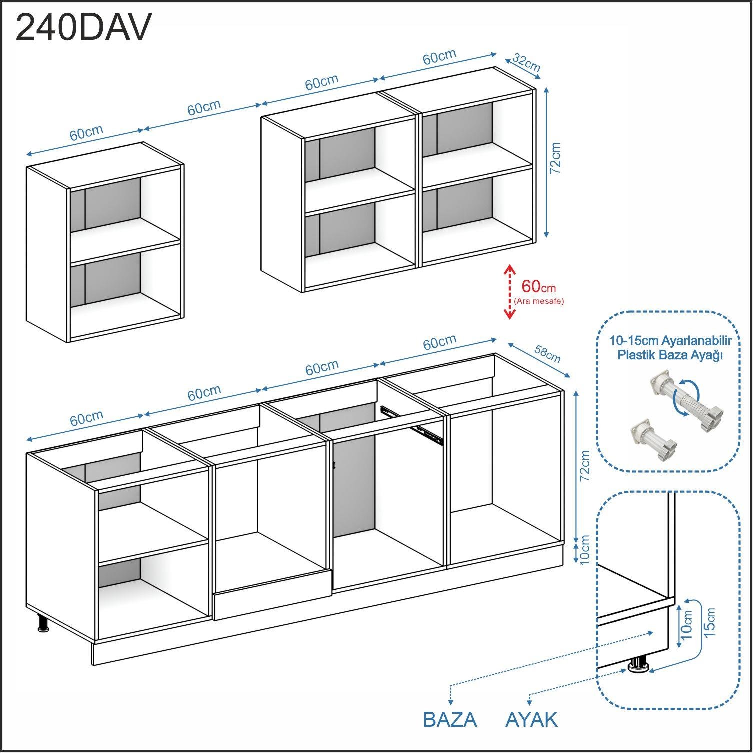 DEKOREX PİA SERİSİ DAVLUMBAZ MODÜLLÜ SİYAH TEZGAHLI ANTRASİT HAZIR MUTFAK 240 cm PİA-A-240DAV