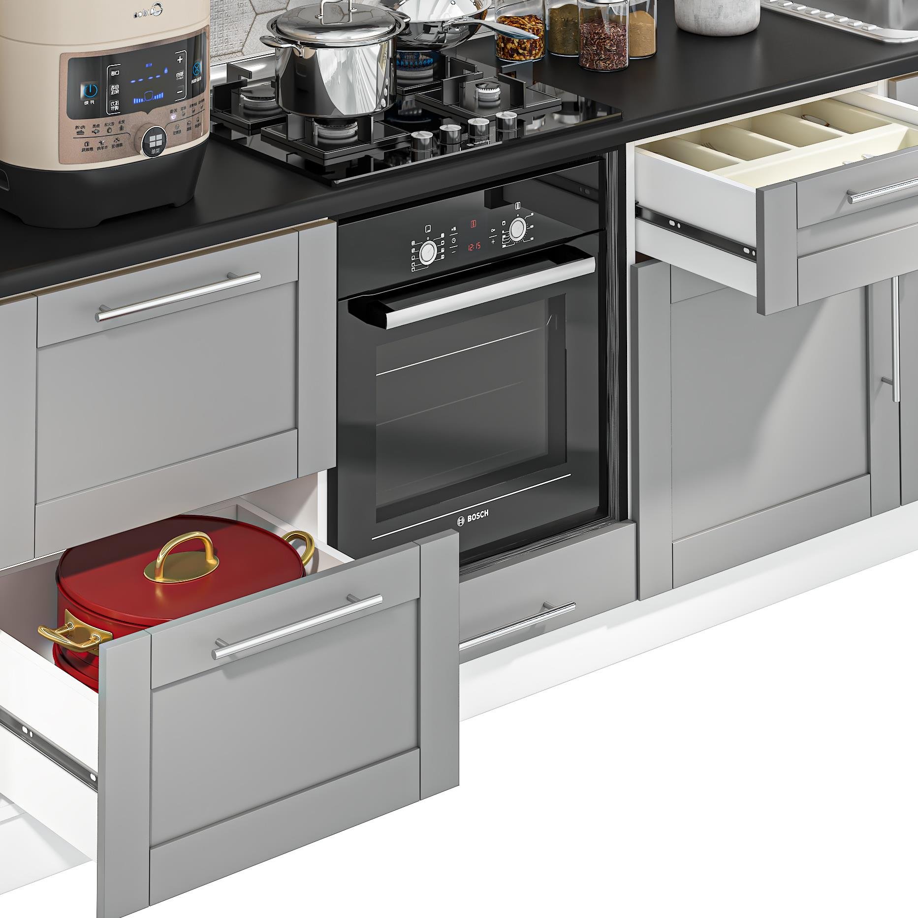 DEKOREX PİA SERİSİ DAVLUMBAZ VE 2 ÇEKMECE MODÜLLÜ SİYAH TEZGAHLI GRİ HAZIR MUTFAK 240 cm PİA-G-240DAV-C
