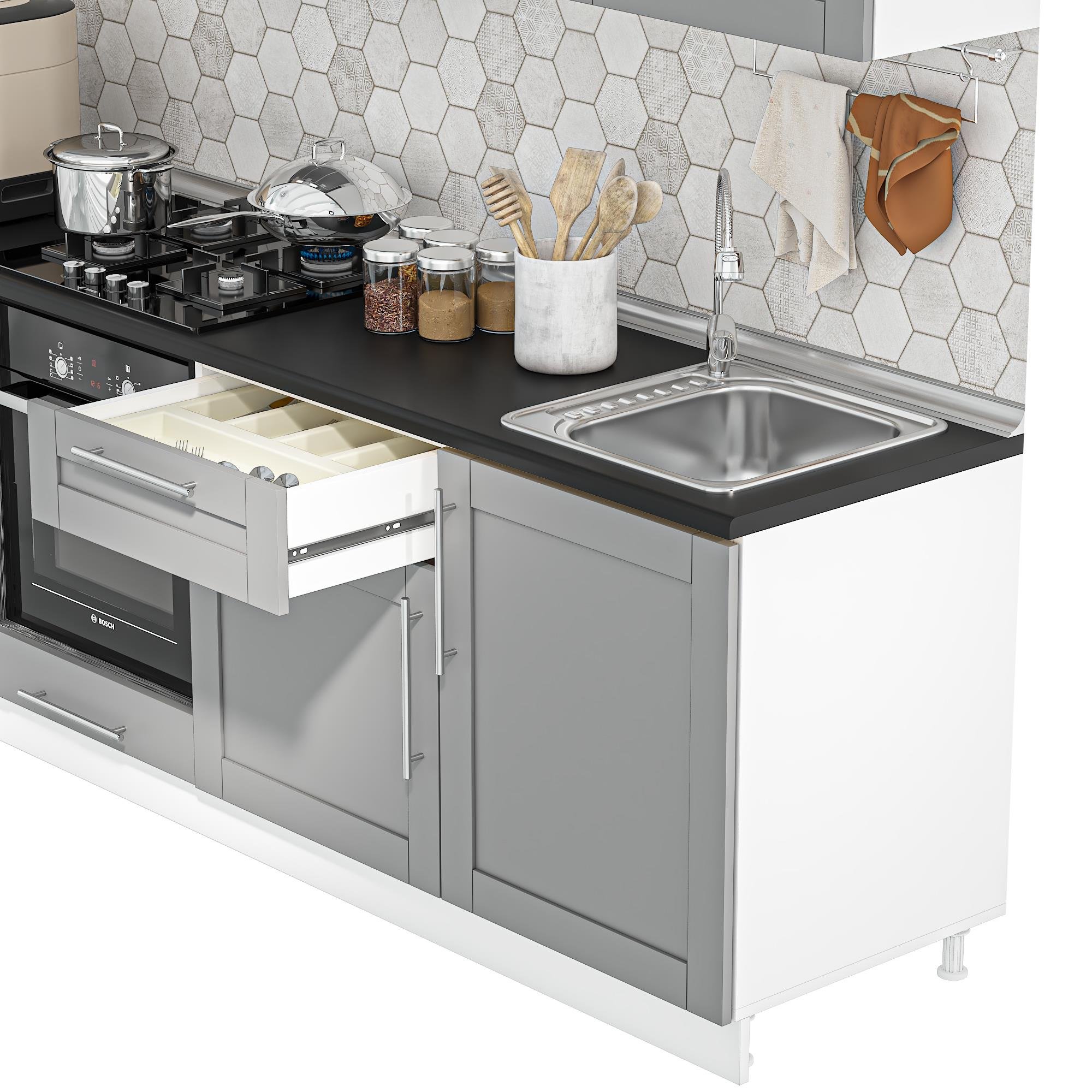 DEKOREX PİA SERİSİ DAVLUMBAZ VE 2 ÇEKMECE MODÜLLÜ SİYAH TEZGAHLI GRİ HAZIR MUTFAK 240 cm PİA-G-240DAV-C