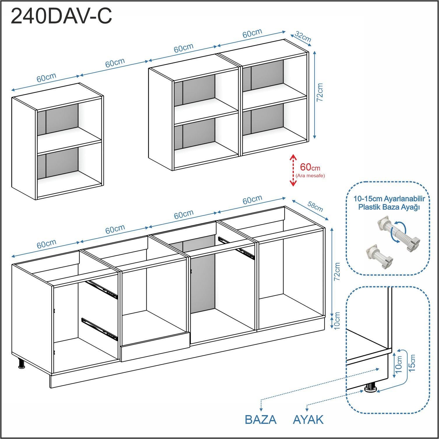 DEKOREX PİA SERİSİ DAVLUMBAZ VE 2 ÇEKMECE MODÜLLÜ SİYAH TEZGAHLI GRİ HAZIR MUTFAK 240 cm PİA-G-240DAV-C