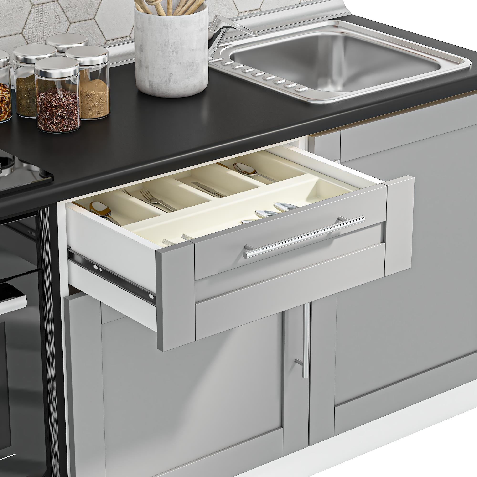DEKOREX PİA SERİSİ DAVLUMBAZ VE 2 ÇEKMECE MODÜLLÜ SİYAH TEZGAHLI GRİ HAZIR MUTFAK 240 cm PİA-G-240DAV-C