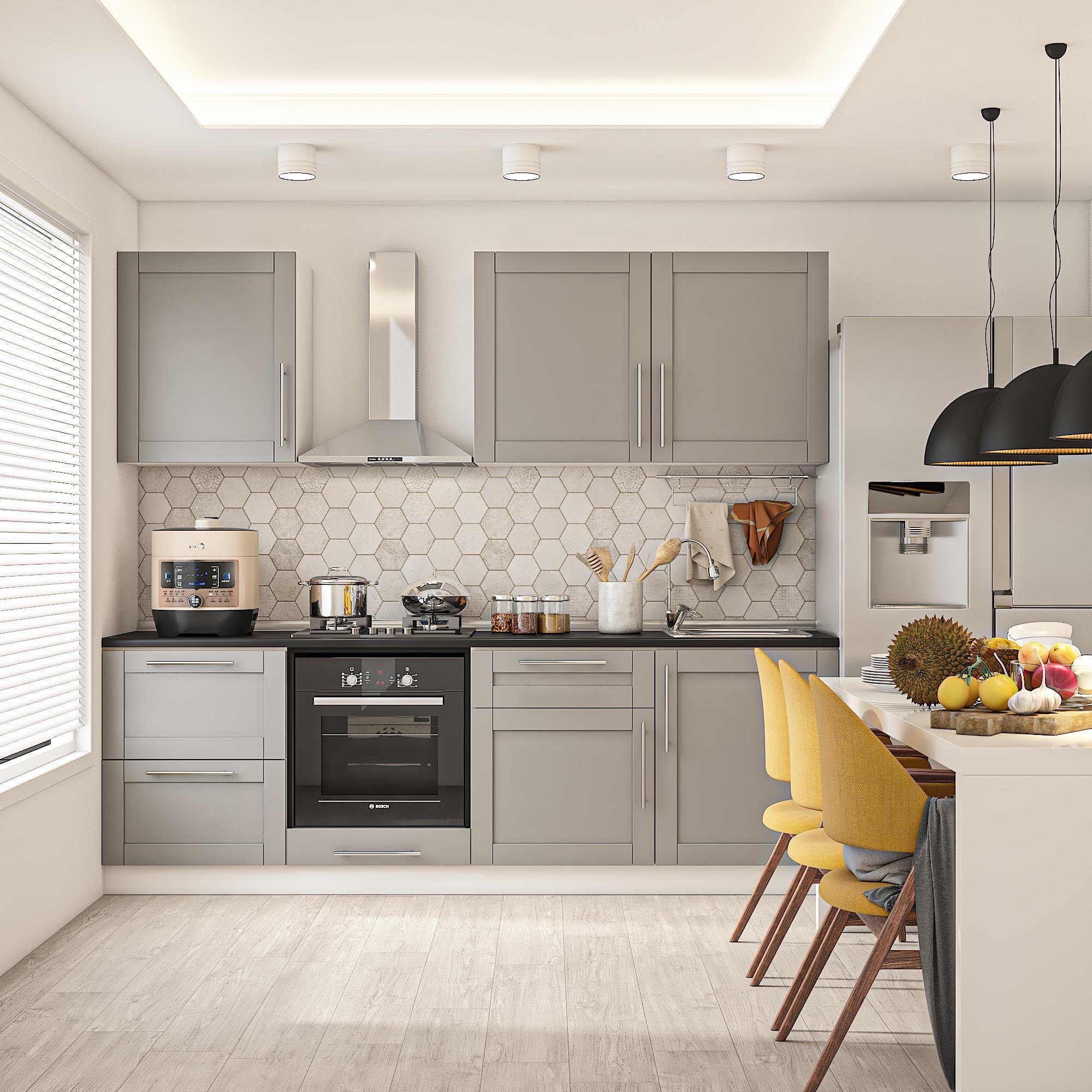 DEKOREX PİA SERİSİ DAVLUMBAZ VE 2 ÇEKMECE MODÜLLÜ SİYAH TEZGAHLI GRİ HAZIR MUTFAK 240 cm PİA-G-240DAV-C