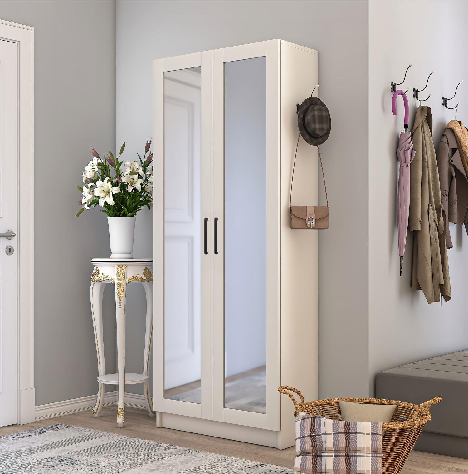 Dekorex PRT212-A-Beyaz 2 Aynalı Kapaklı Portmanto