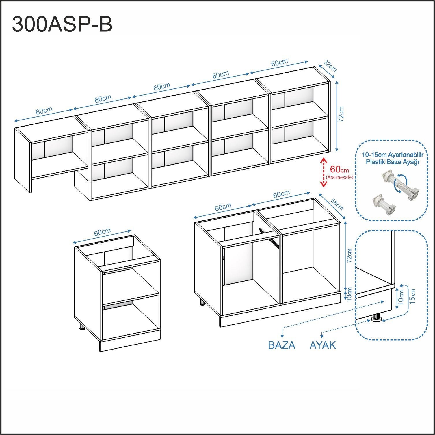 ELSA-300ASP-B-MT-BEYAZ DEKOREX ELSA SERİSİ ASPİRATÖR MODÜLLÜ HAZIR MUTFAK