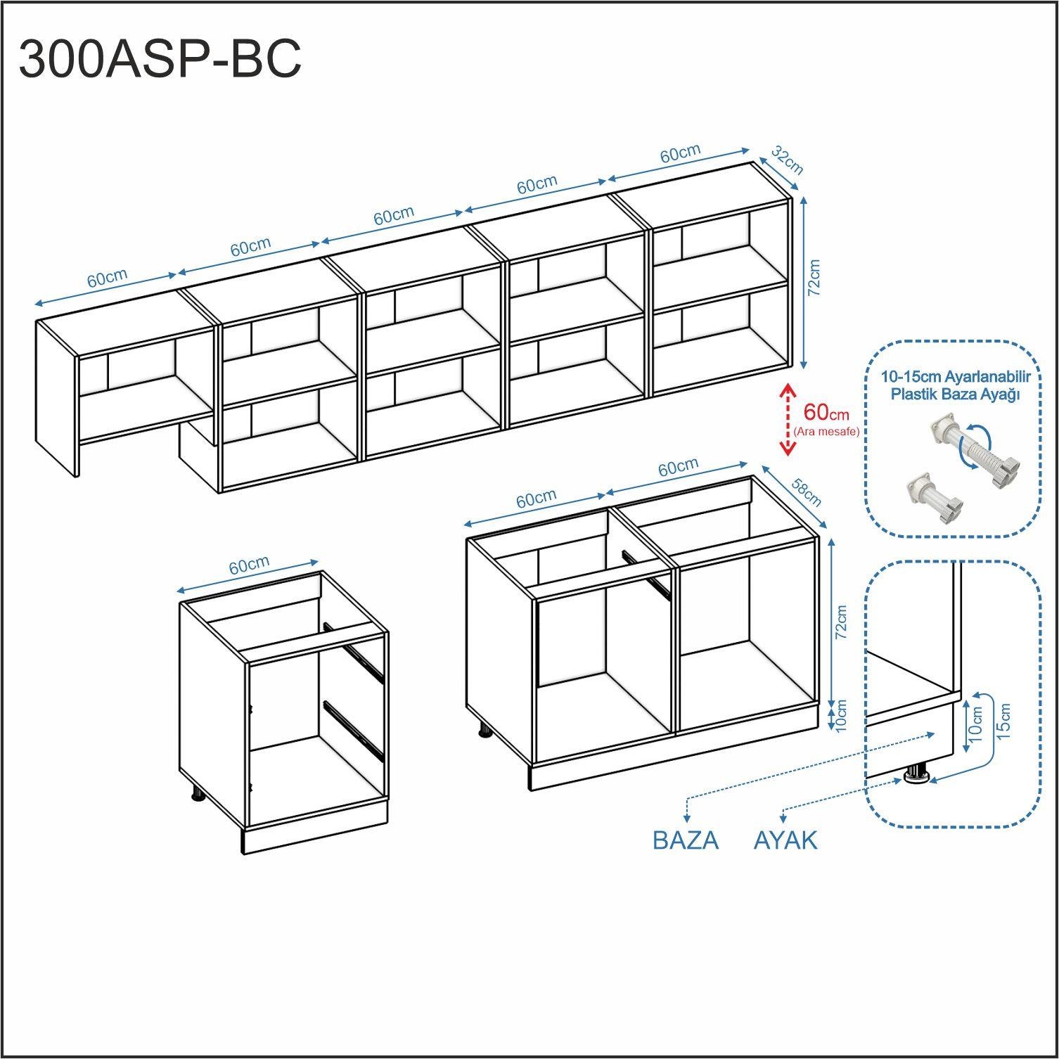 ELSA-300ASP-BC-MT-BEYAZ DEKOREX ELSA SERİSİ ASPİRATÖR MODÜLLÜ HAZIR MUTFAK