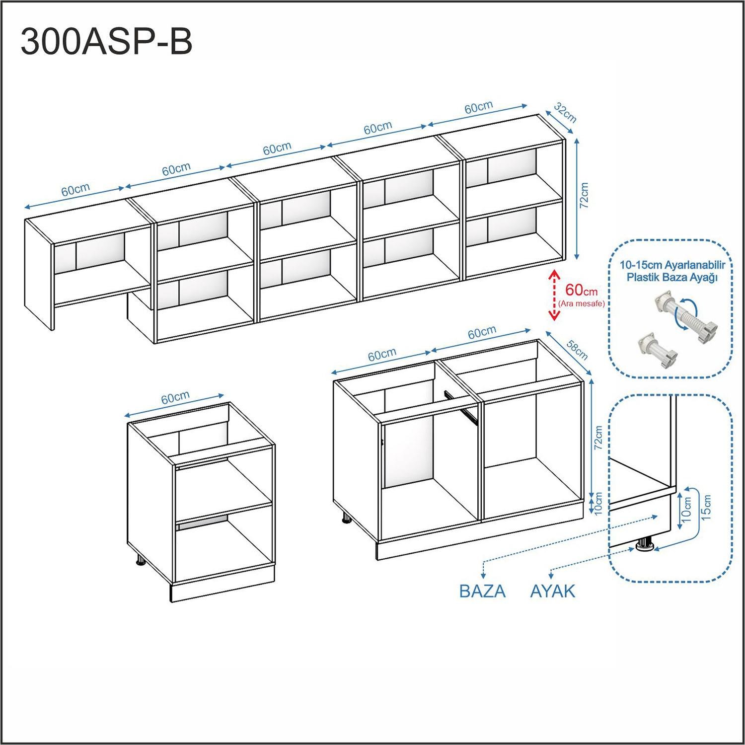 PİAG-300ASP-B-ST DEKOREX PİA GRİ SERİSİ ASPİRATÖR MODÜLLÜ HAZIR MUTFAK