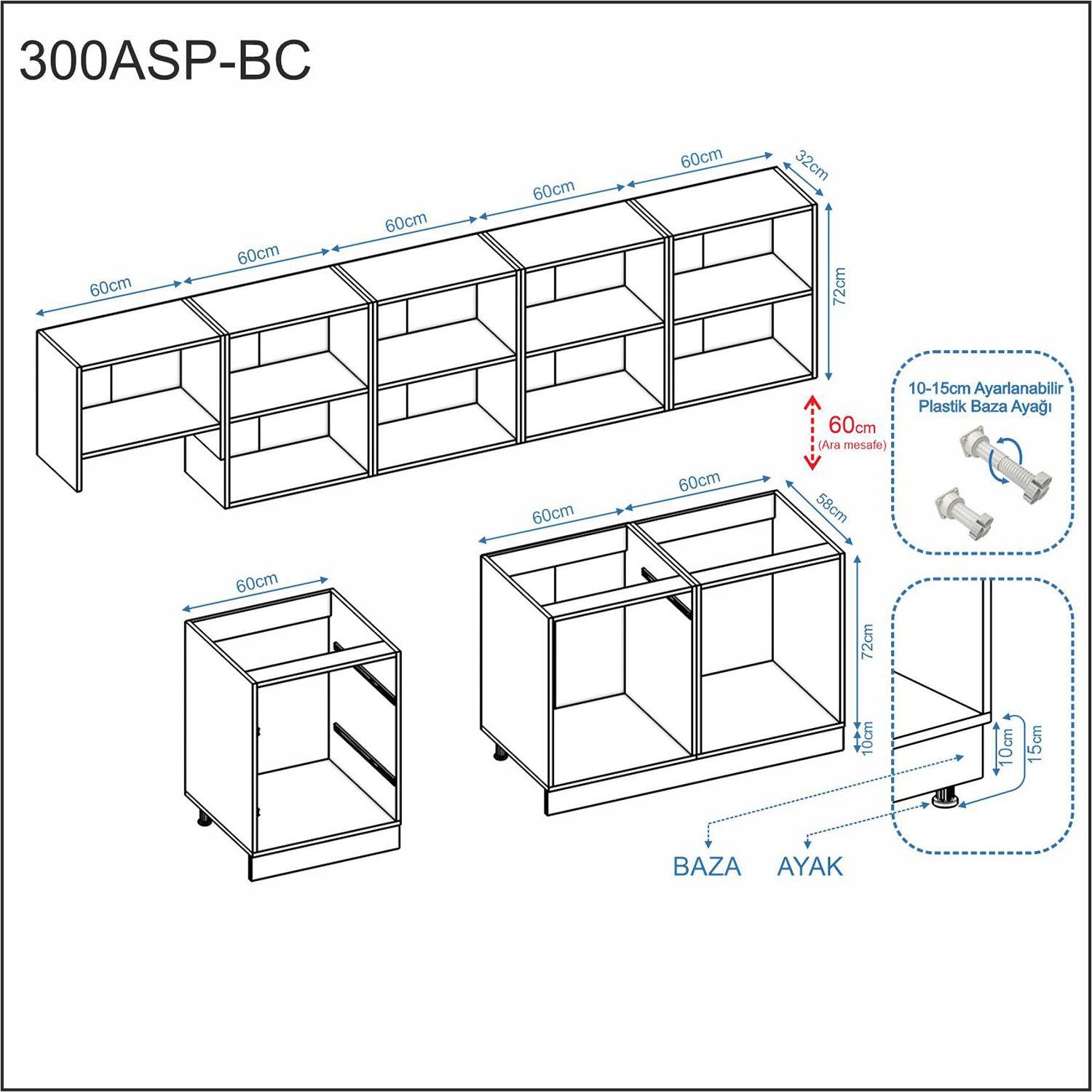 PİAG-300ASP-BC-ST DEKOREX PİA GRİ SERİSİ ASPİRATÖR MODÜLLÜ HAZIR MUTFAK