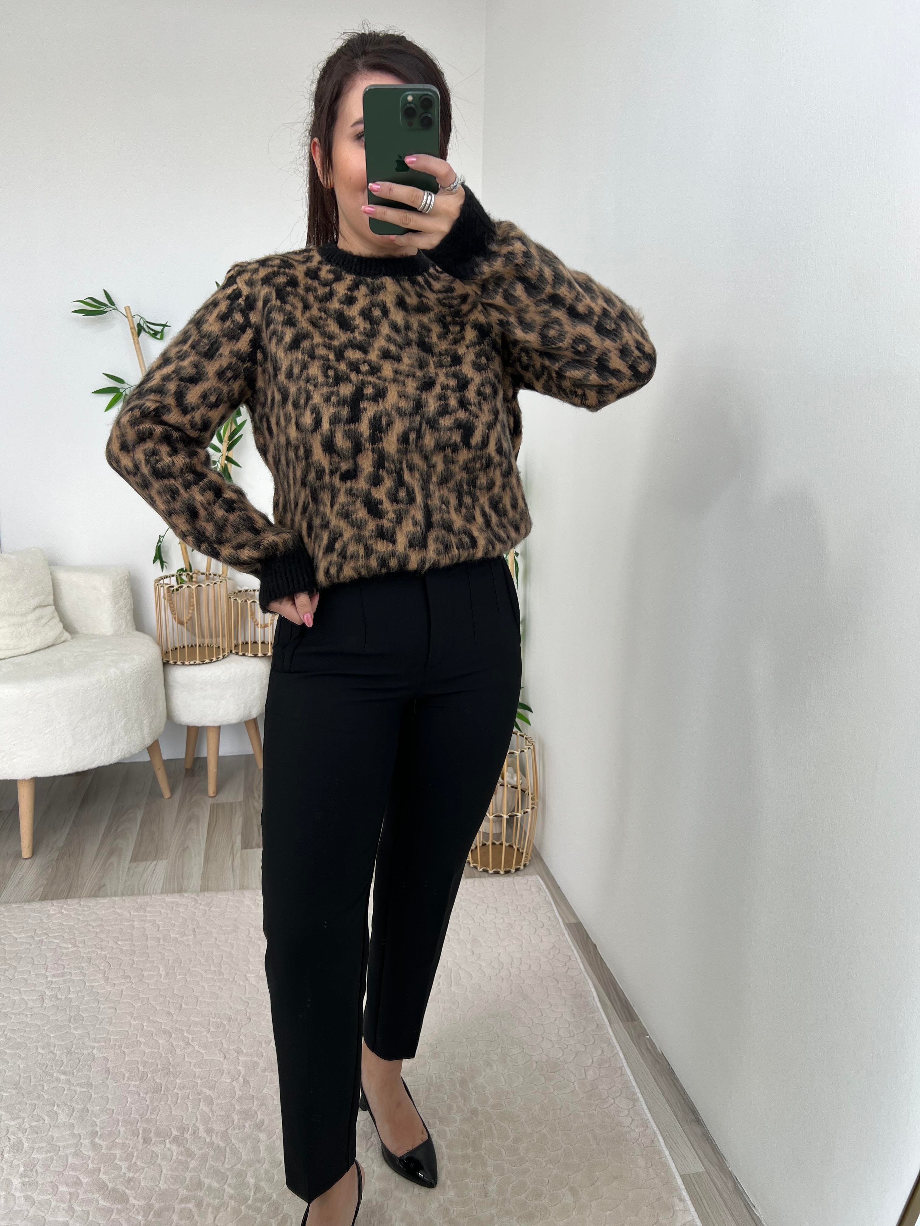 Bisiklet Yaka Leopar Desenli Kazak