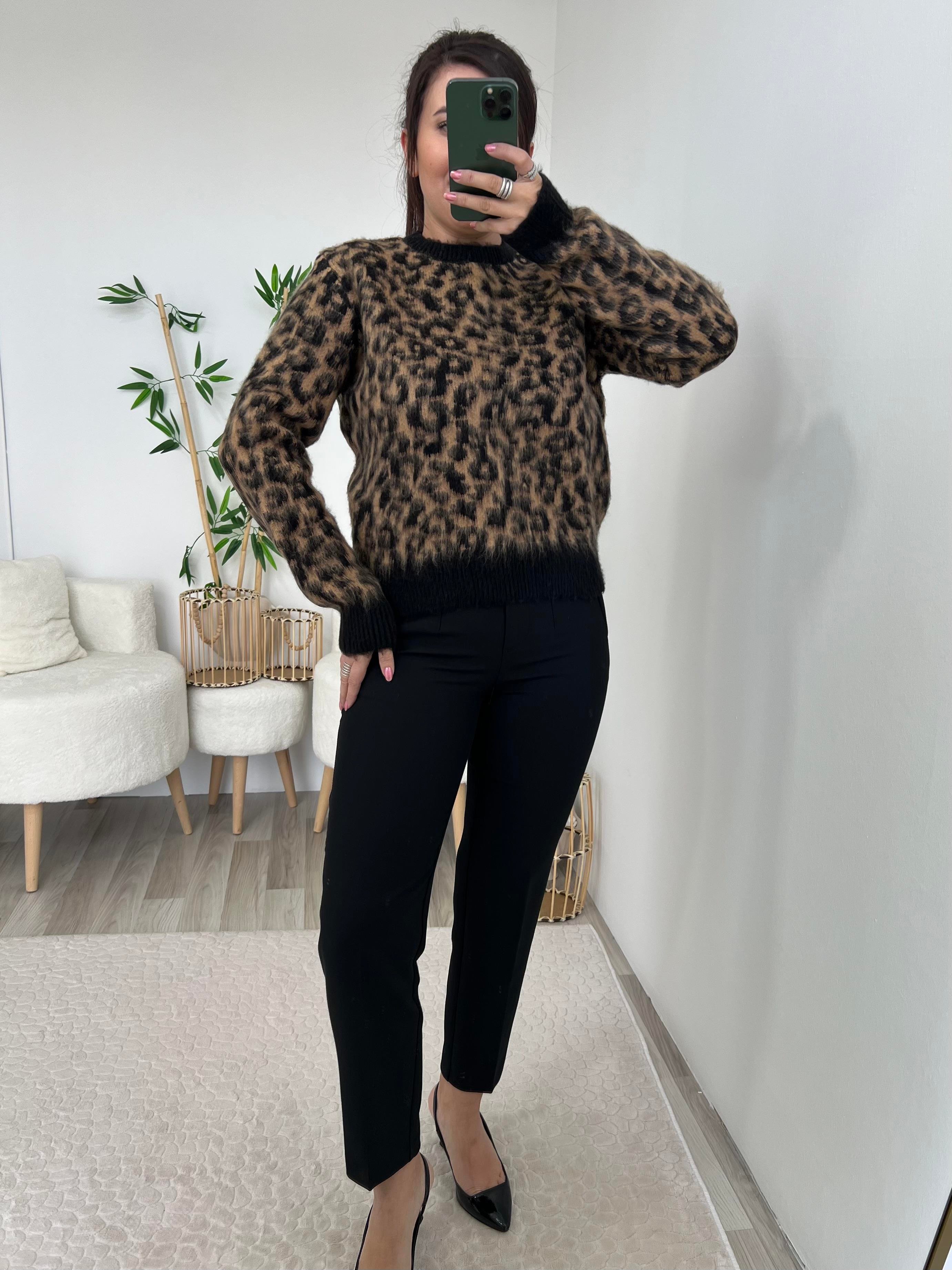 Bisiklet Yaka Leopar Desenli Kazak