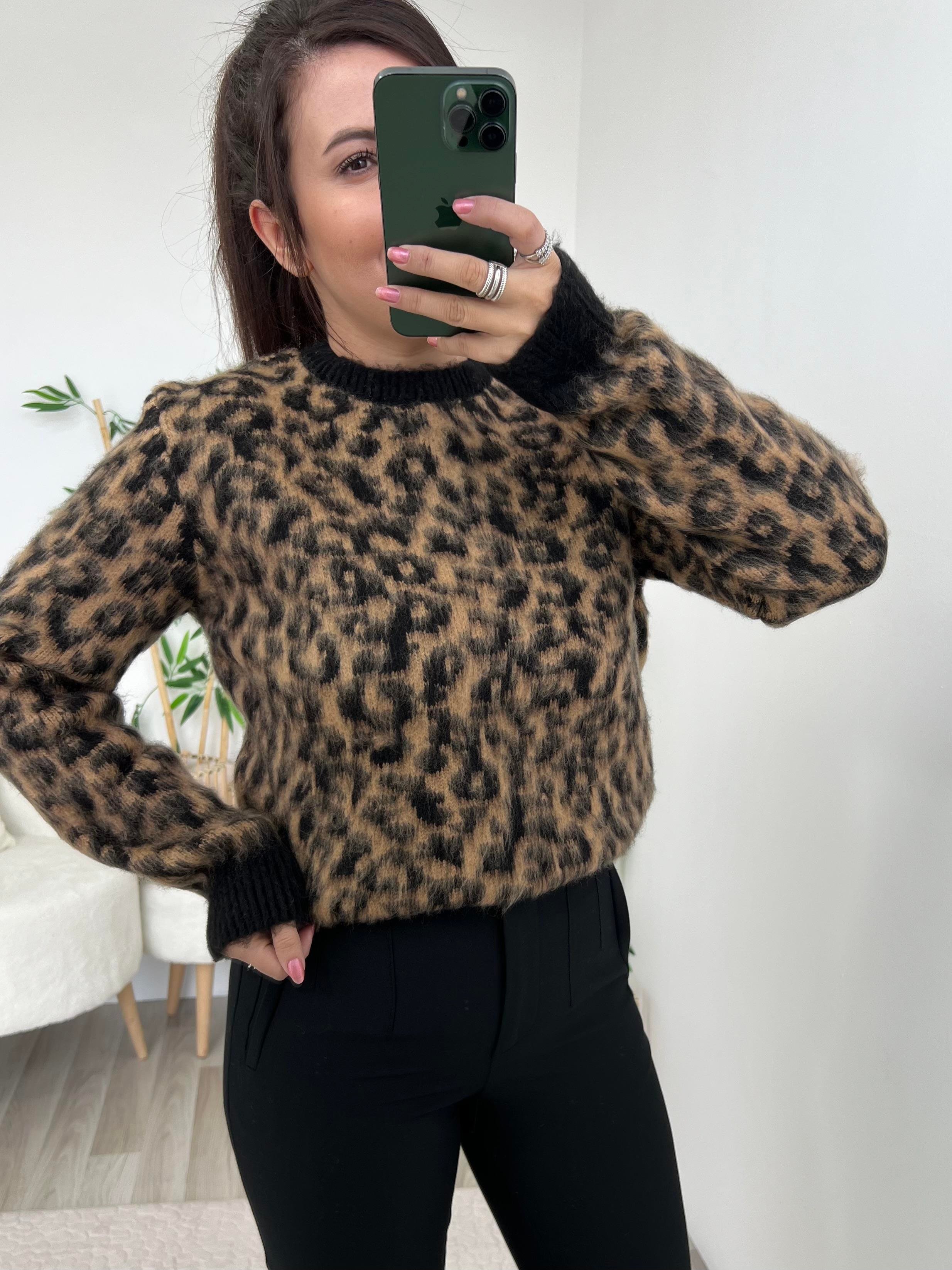 Bisiklet Yaka Leopar Desenli Kazak